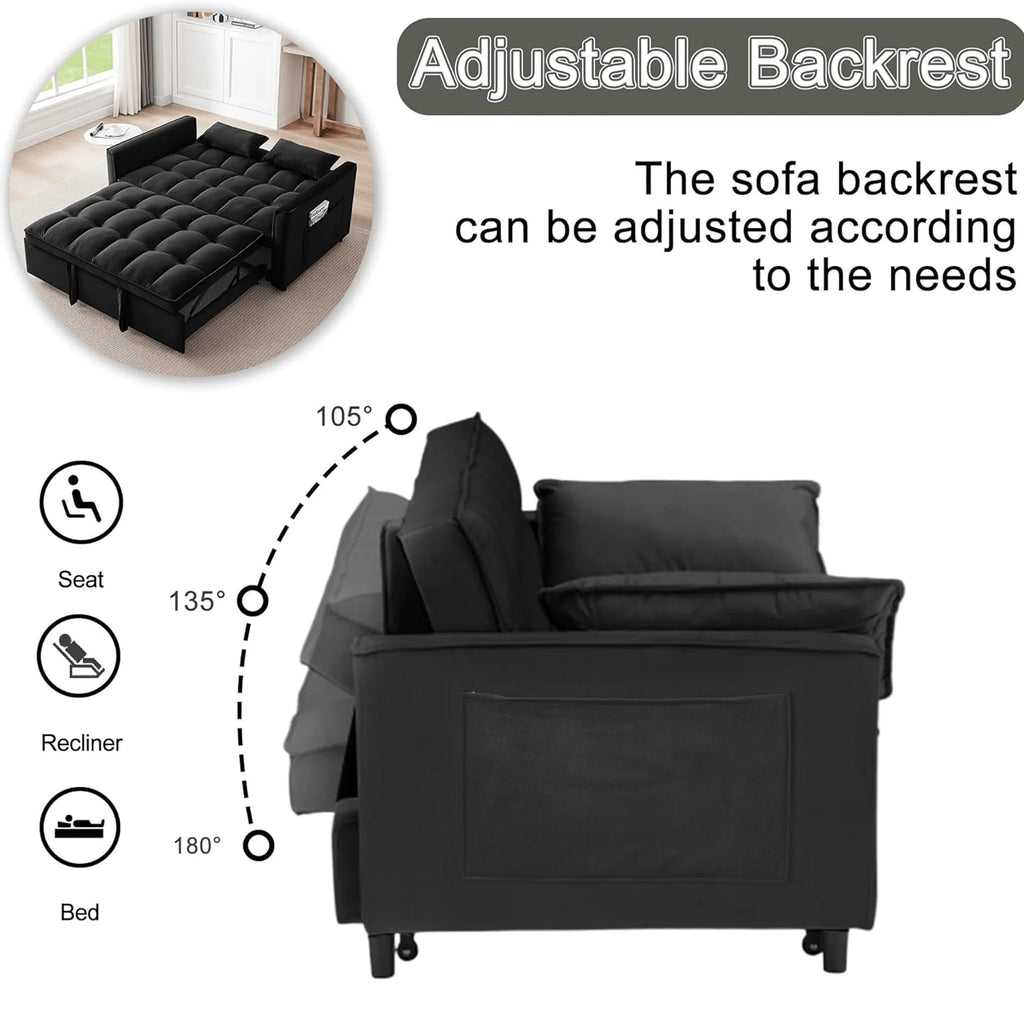 BINBANK Black Velvet 3-in-1 Convertible Sleeper Sofa Bed a?? USB Charging, Adjustable Backrest Pull-Out Futon Loveseat Couch for Living Room, Apartment & Small Space