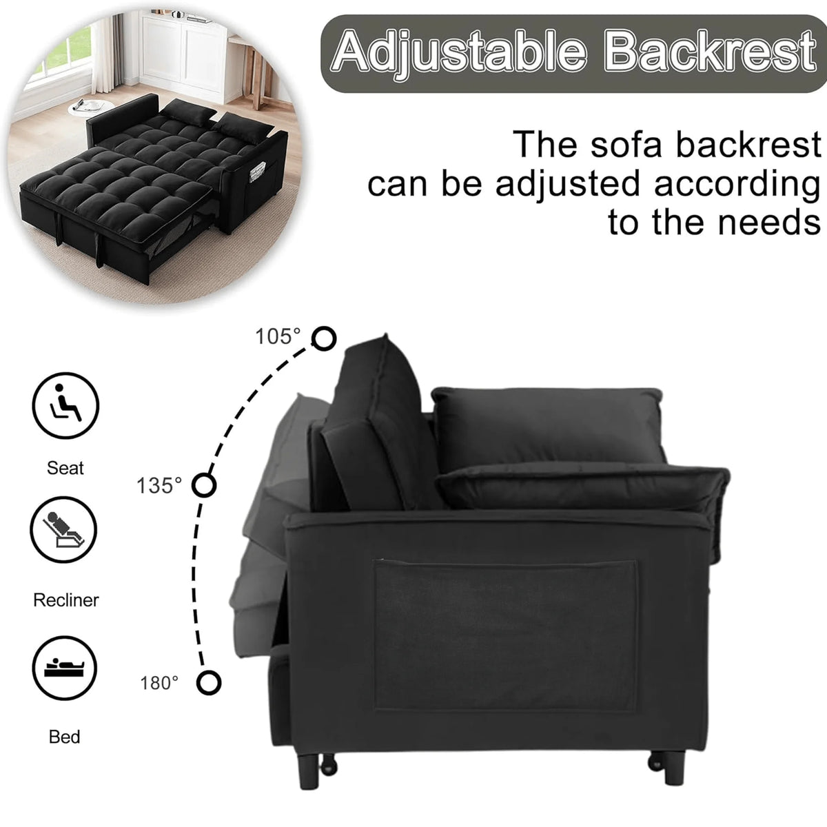 BINBANK Black Velvet 3-in-1 Convertible Sleeper Sofa Bed a?? USB Charging, Adjustable Backrest Pull-Out Futon Loveseat Couch for Living Room, Apartment & Small Space