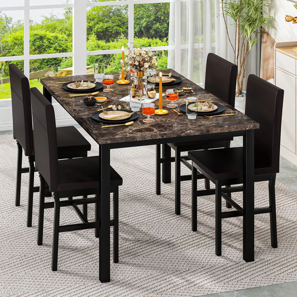 AWQM Dining Table Set of 4, Faux Marble 5 Piece Dining Room Table Set with PU Leather Chairs, Rectangular Kitchen Table Set for Apartment, Dining, White