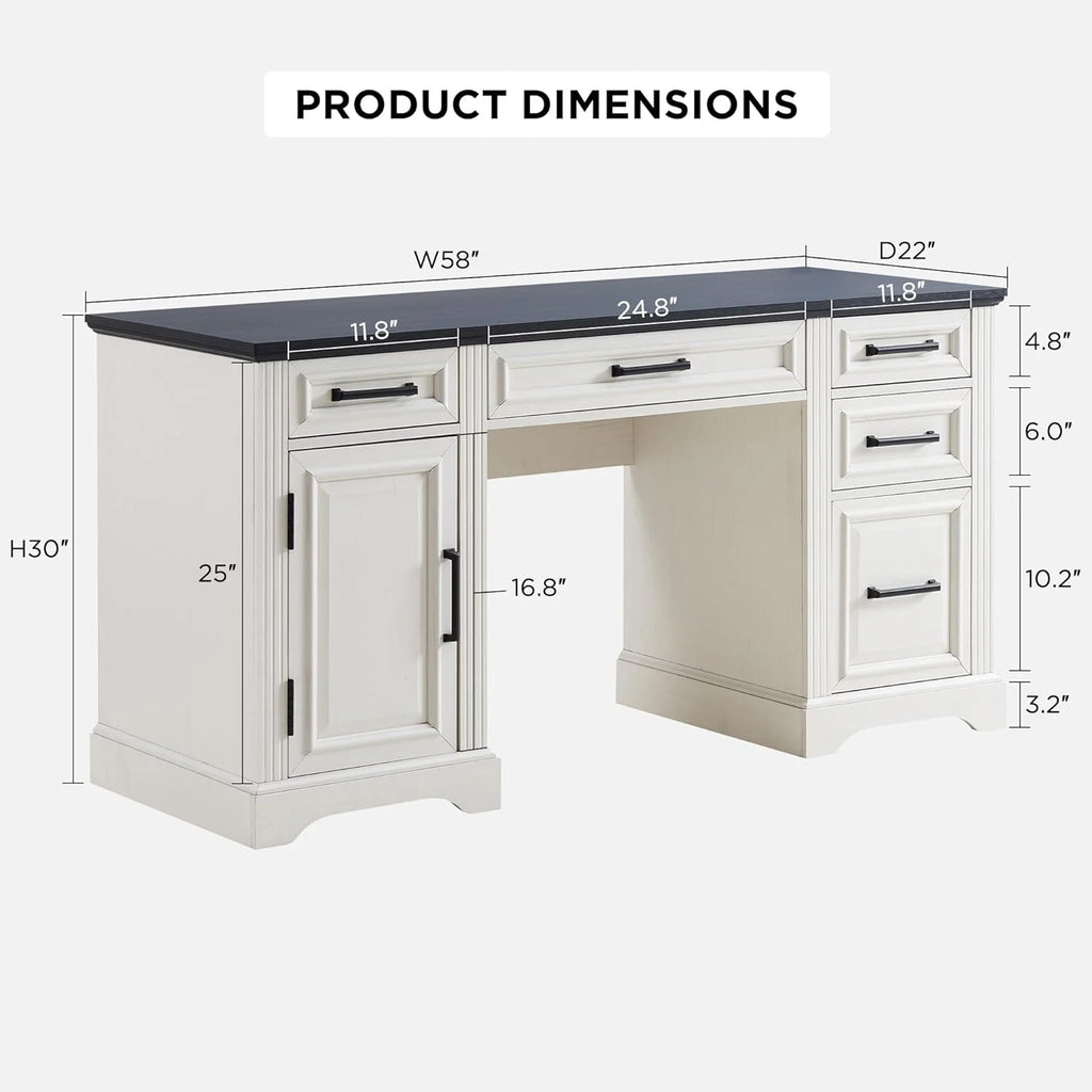 T4TREAM Farmhouse Wood 58" Executive Desk, Home Office 30" High Computer Desk with Drawers and Storage Cabinet, White