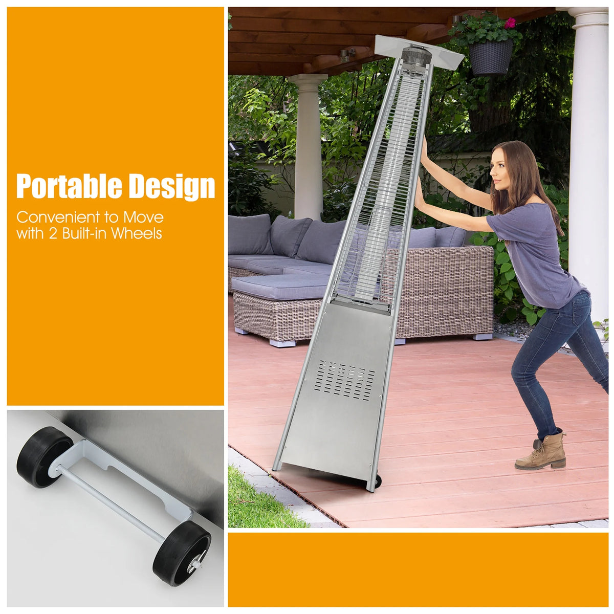Costway 90'' Tall Pyramid Patio Heater Quartz Glass Tube Flame Heating 42000 BTU W/ Wheel