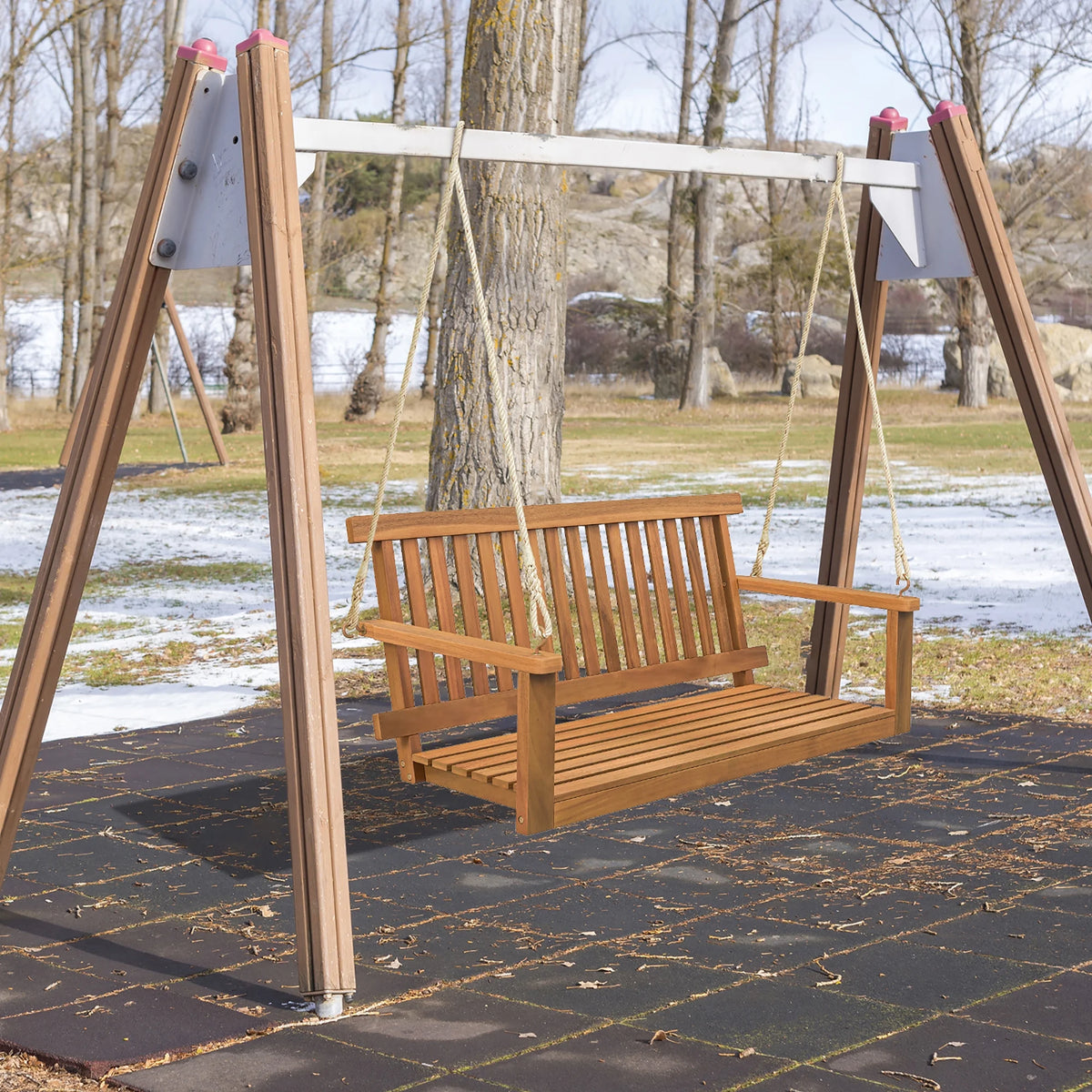 Gymax 2-Person Acacia Wood Outdoor Porch Swing Patio Hanging Bench Chair Natural