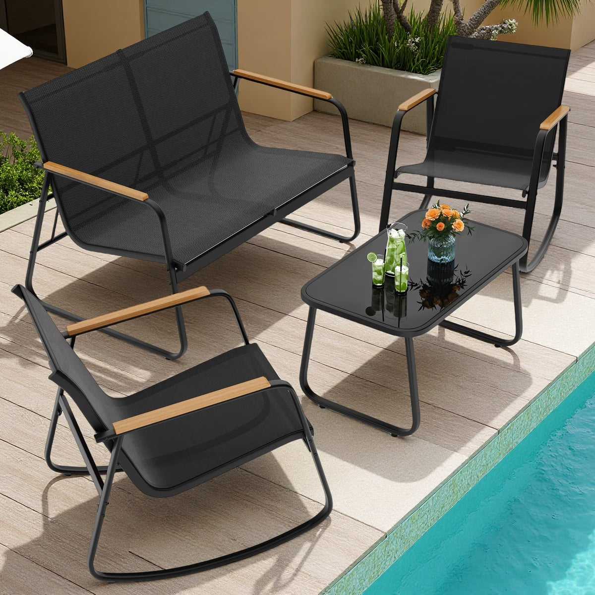 Patio Conversation Sets for 4, Lofka 4 Pieces Patio Furniture Sets with Rocking Bistro Fabric chairs, Garden Loveseat, Glass Coffee Table for Backyard, Poolside, Porch, Lawn, Black