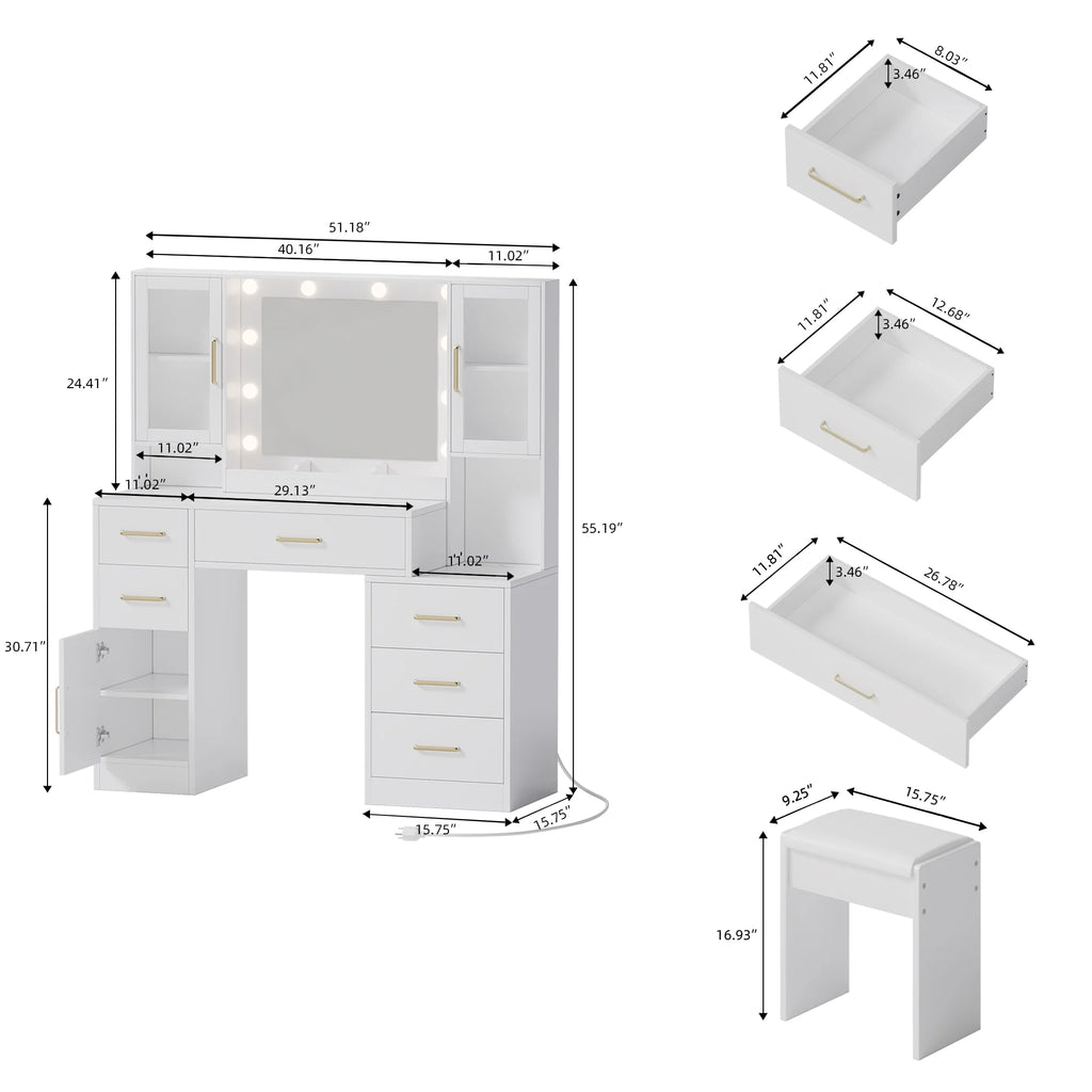 UGTOO 58.3" White Vanity Desk with Mirror, Adjustable Lighting, Power Outlet, Drawers, with Stool