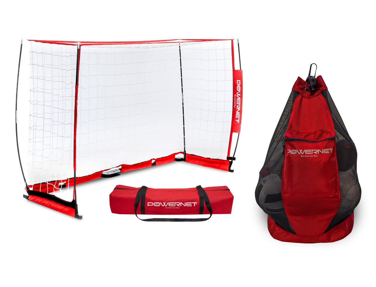 PowerNet 8x4 Ft Soccer Goal Portable Bow Style Net and Large Ball Carry Bag Bundle | Quick Setup Ultra Portable | Full Size Framed Soccer Goal | Perfect for Teams and Coaches