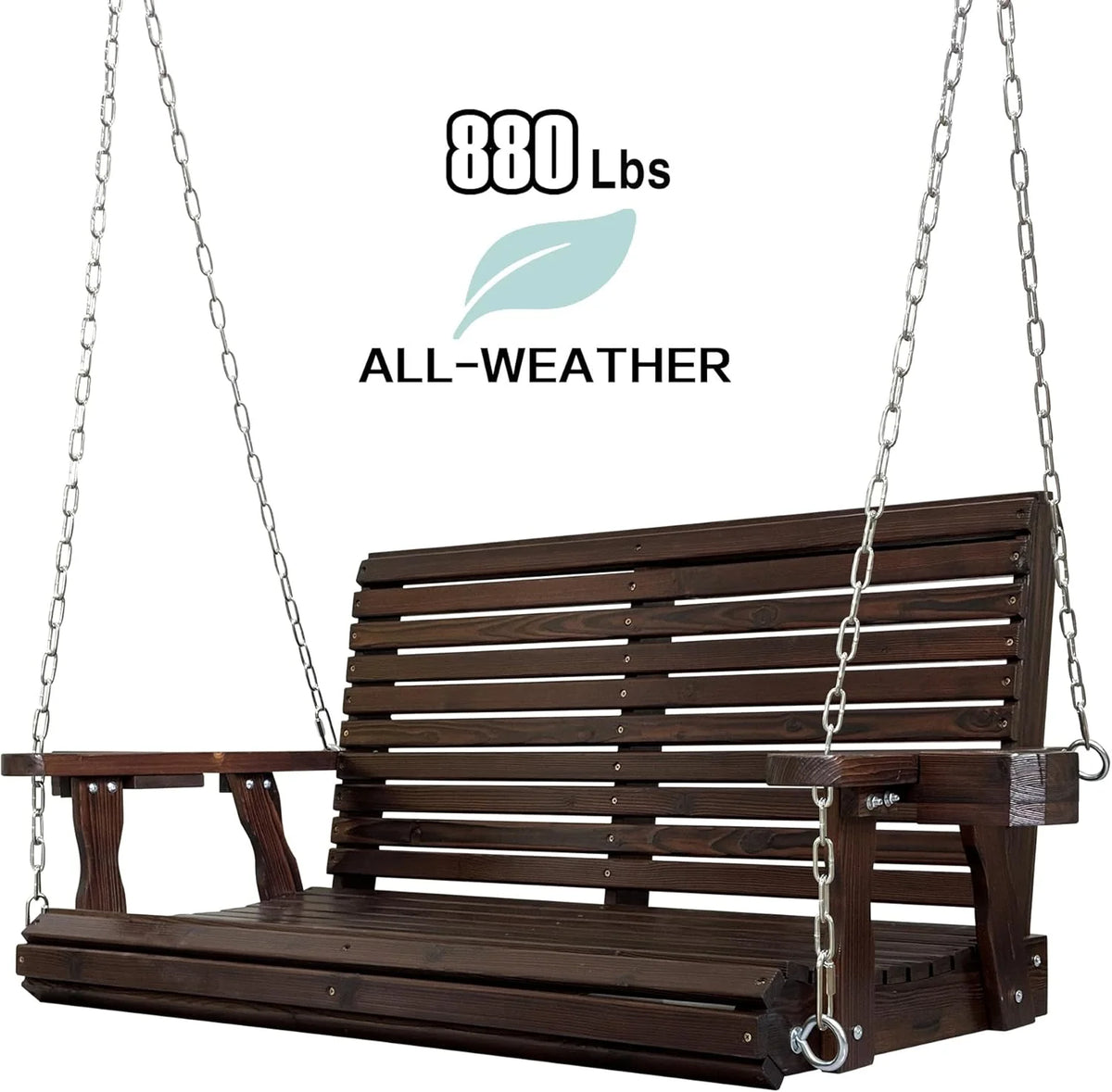 Fortune Candy 3 Person Outdoor Wood Hanging Swing, Heavy Duty 880 lbs Wood Porch Swing, Brown-5ft