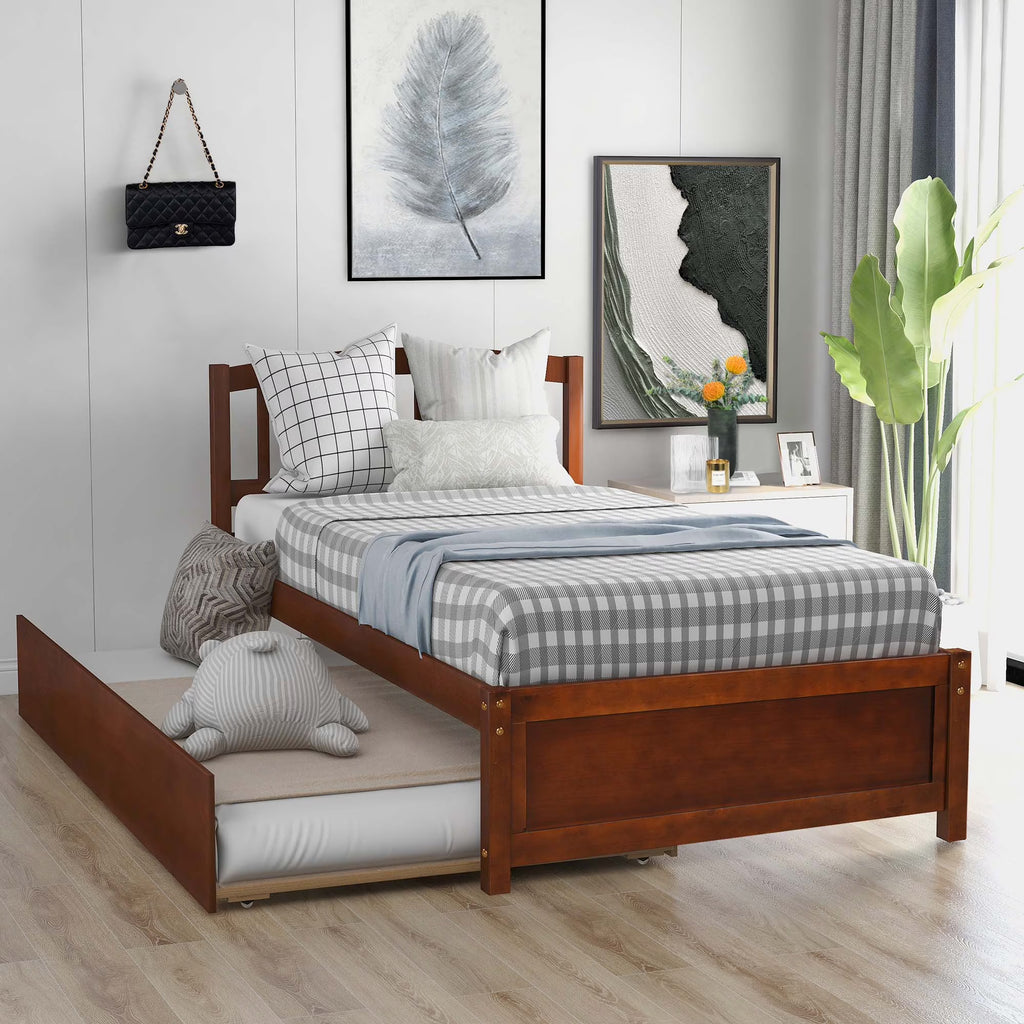 Aukfa Twin Platform Bed with Trundle - Trundle Bed with Headboard for Kids Teens - White