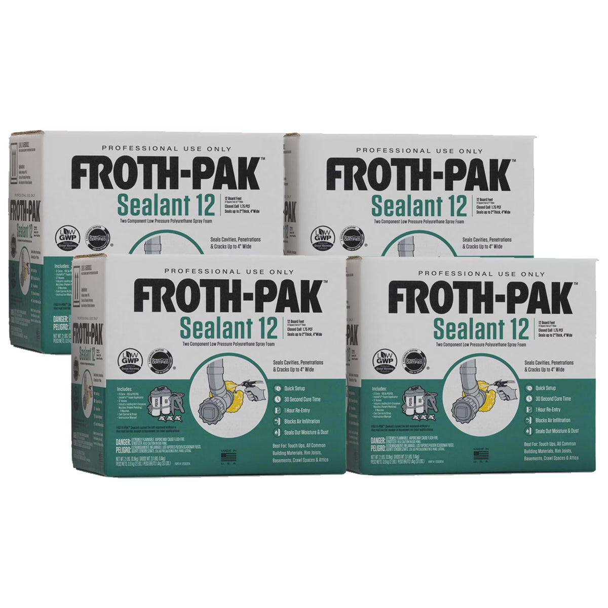 Froth-Pak 12 Spray Foam Sealant Kit, 3ft Hose, 4-Pack. Seals Cavities, Penetrations & Gaps. Yields Up to 12 Board ft. at 2 Thick, 4 Width. Two Component, Polyurethane, Closed Cell