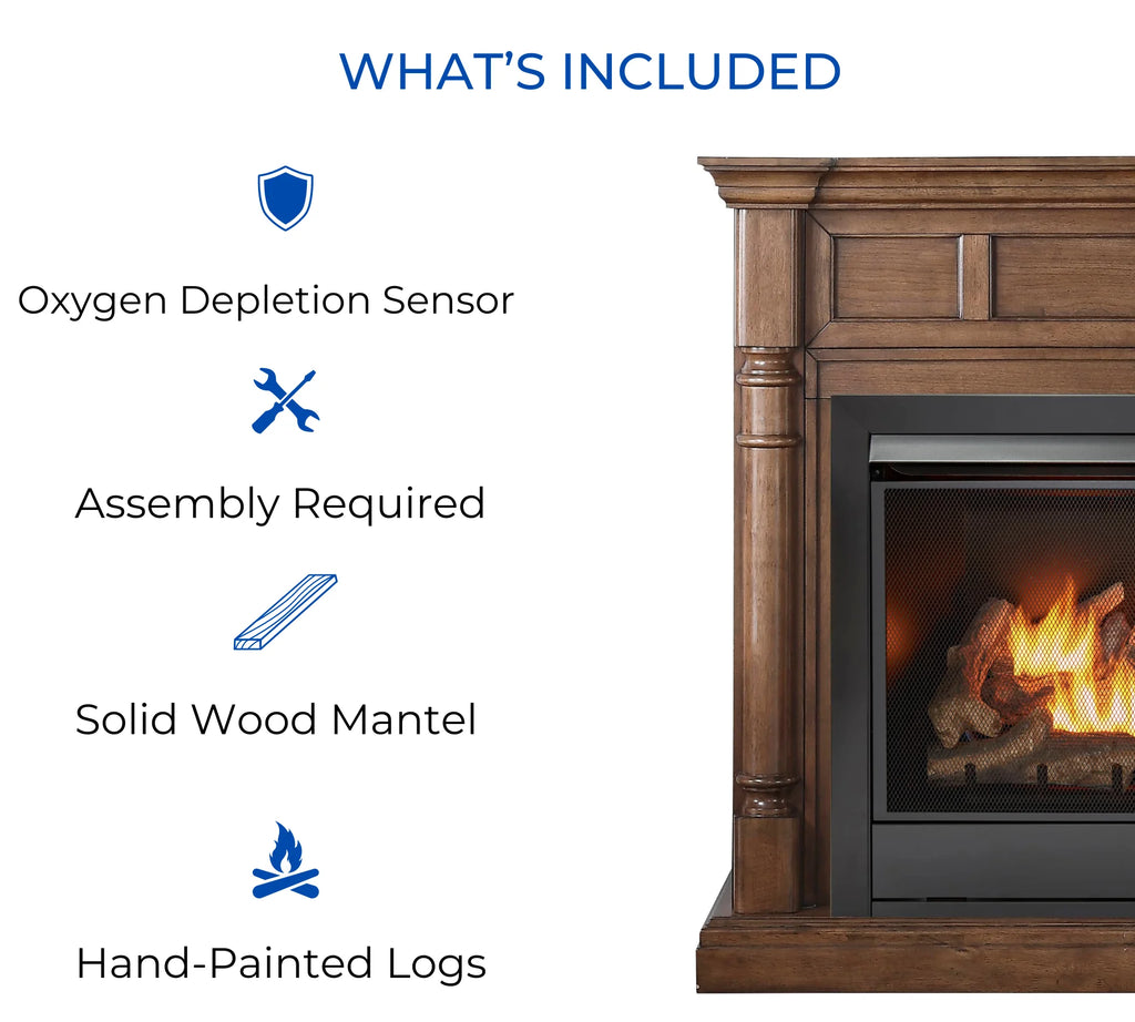 Duluth Forge Full Size Dual Fuel Vent less Gas Fireplace With Mantel - 32,000 BTU, Remote Control, Walnut Model# FDI32R-M-WN