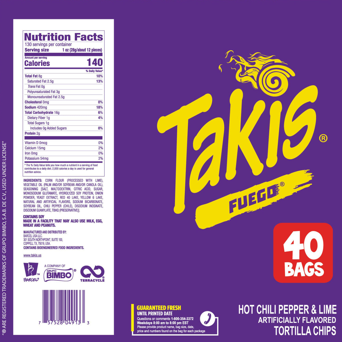 Takis Rolled Tortilla Chips, Fuego, 3.25 oz, 40-count