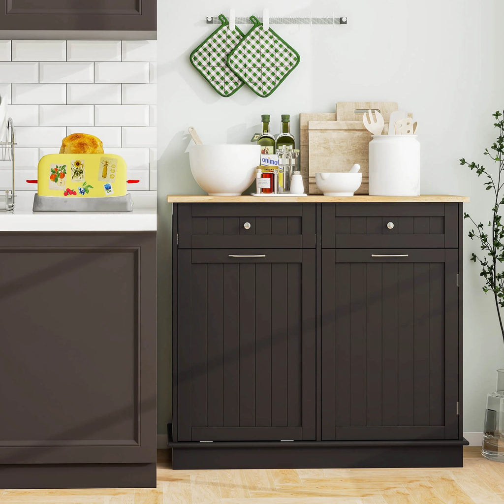 Costway 15.5 Gallon Kitchen Tilt Out Trash Cabinet Rubber Wood Tabletop 2 Drawers Shelf Gray