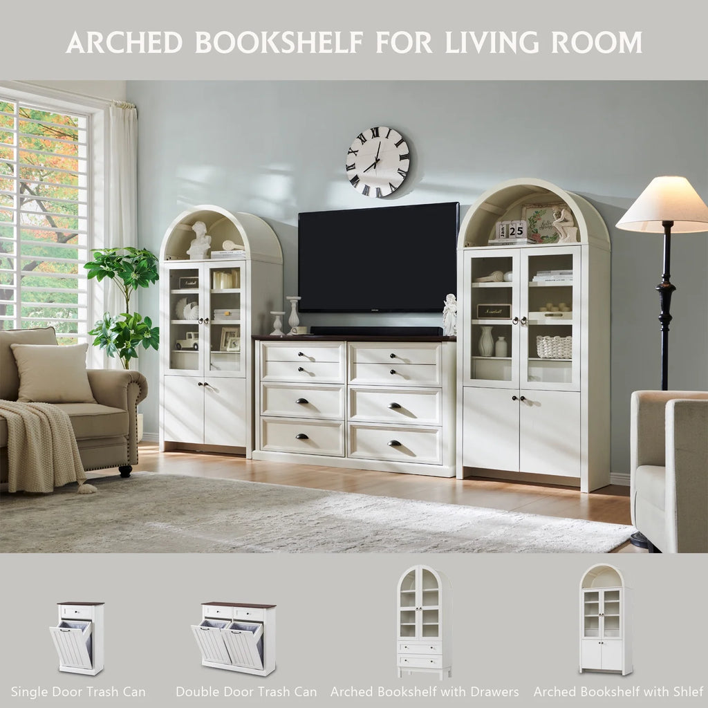 IFGET 71-Inch Arched 4-Tier Bookcase with Glass Doors and Drawers