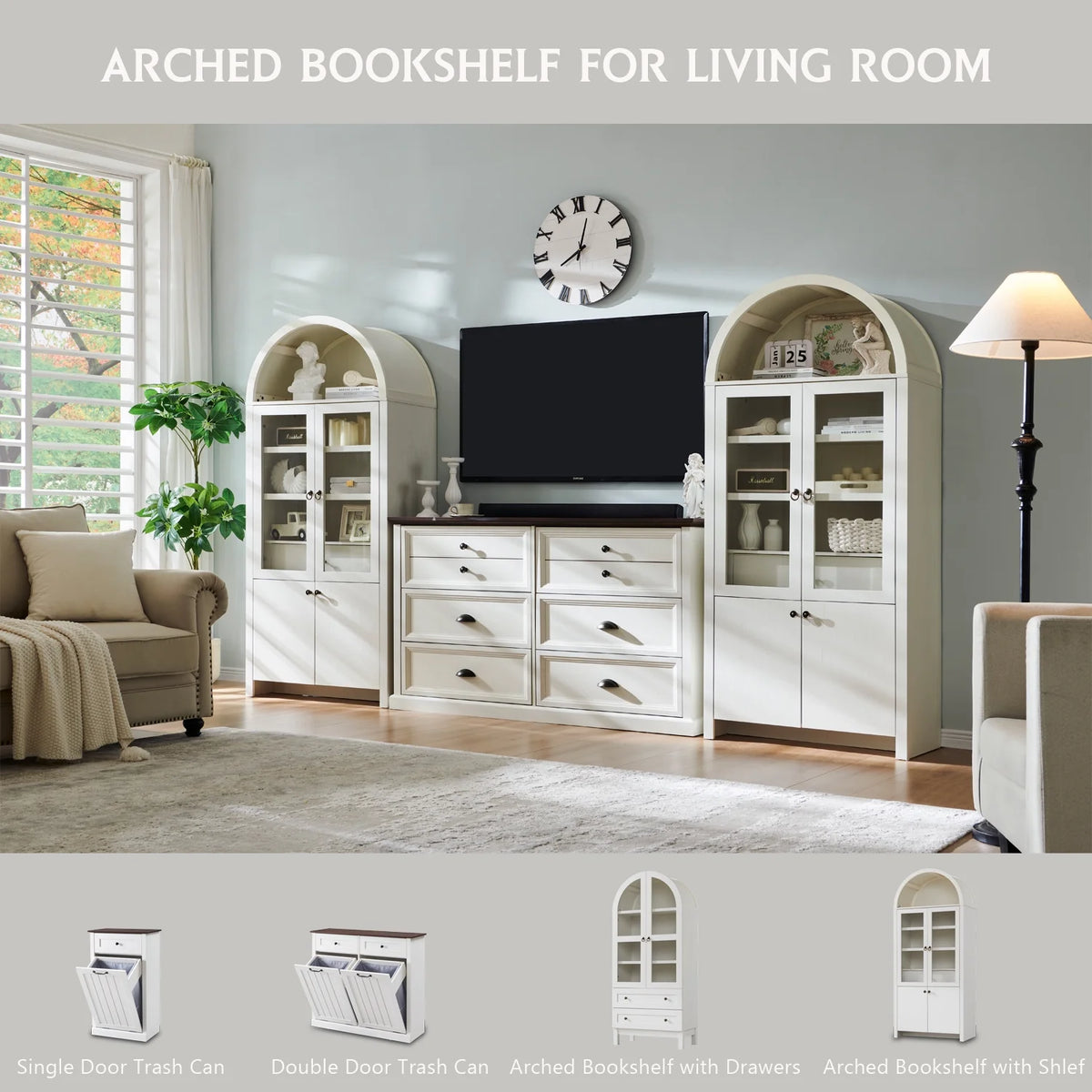 IFGET 71-Inch Arched 4-Tier Bookcase with Glass Doors and Drawers