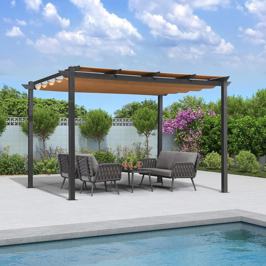PURPLE LEAF Outdoor Retractable Pergola with Sun Shade Canopy 10' x 13' Patio Aluminum Pergola Shelter for Backyard Deck Garden Modern Metal Grape Trellis Pergola, Beige