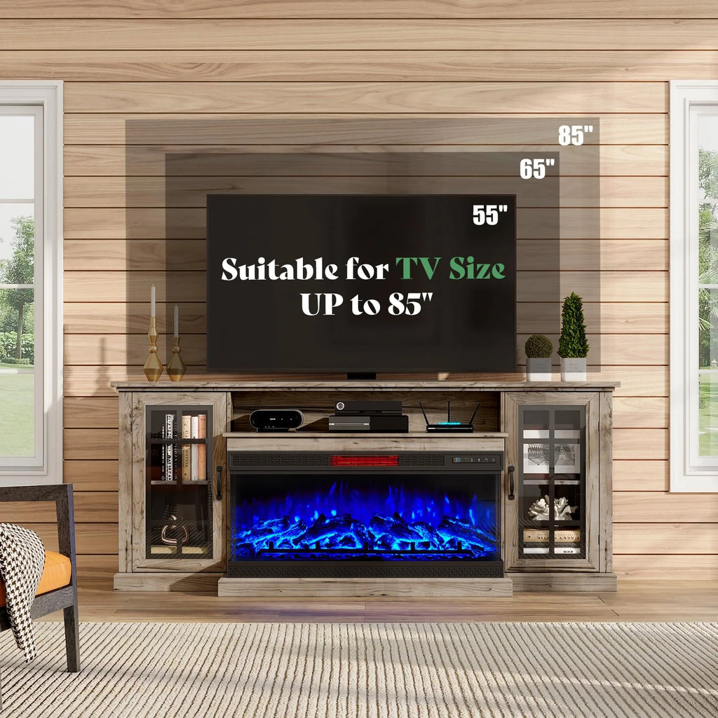 Merluxy 75in 3-Sided Glass Fireplace TV Stand for TVs up to 85", Distressed White
