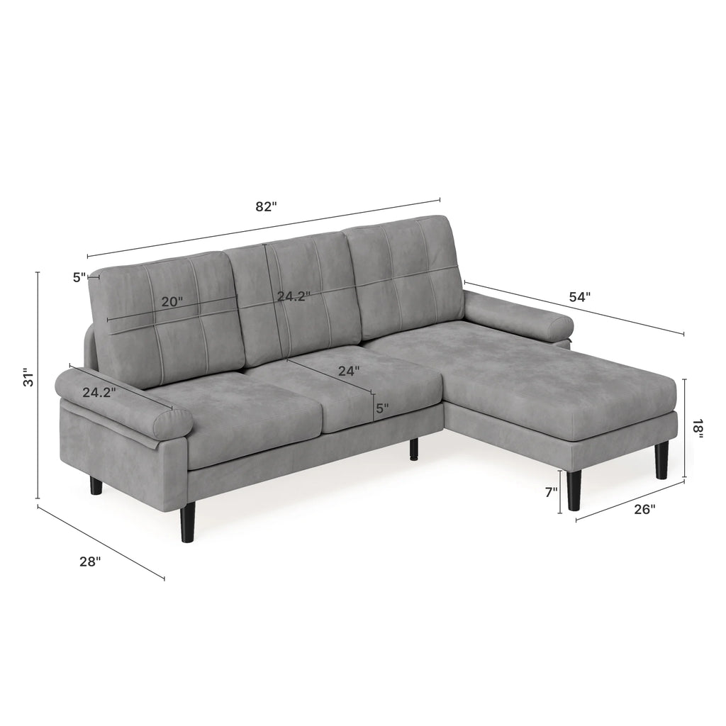 Lofka 82" L-Shaped Couches for Living Room, 3 Seat Convertible Sofa with Soft Velvet, Removable Pillows & Armrests, Thick 5.5" cushions, Dark Gray