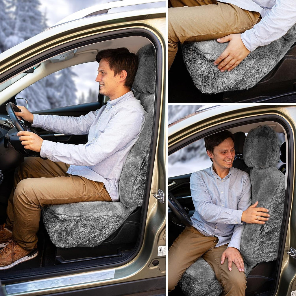 Zone Tech Genuine Sheepskin Ivory Car Seat Cover, Fluffy Luxury Wool Front Seat Covers, Universal Fits Car, Truck, SUV, & Van