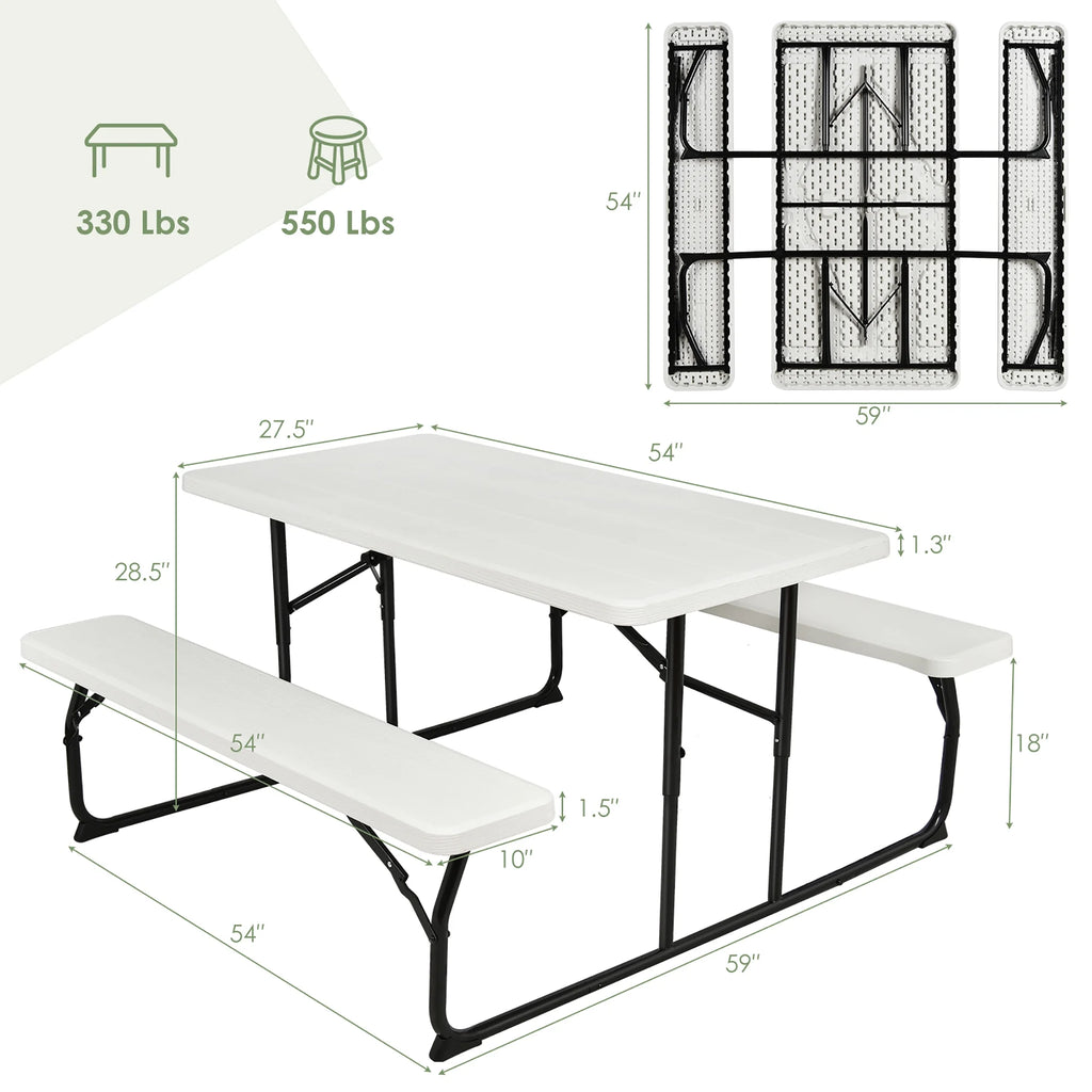 Costway Indoor & Outdoor Folding Picnic Table Bench Set w/ Wood-like Texture Grey