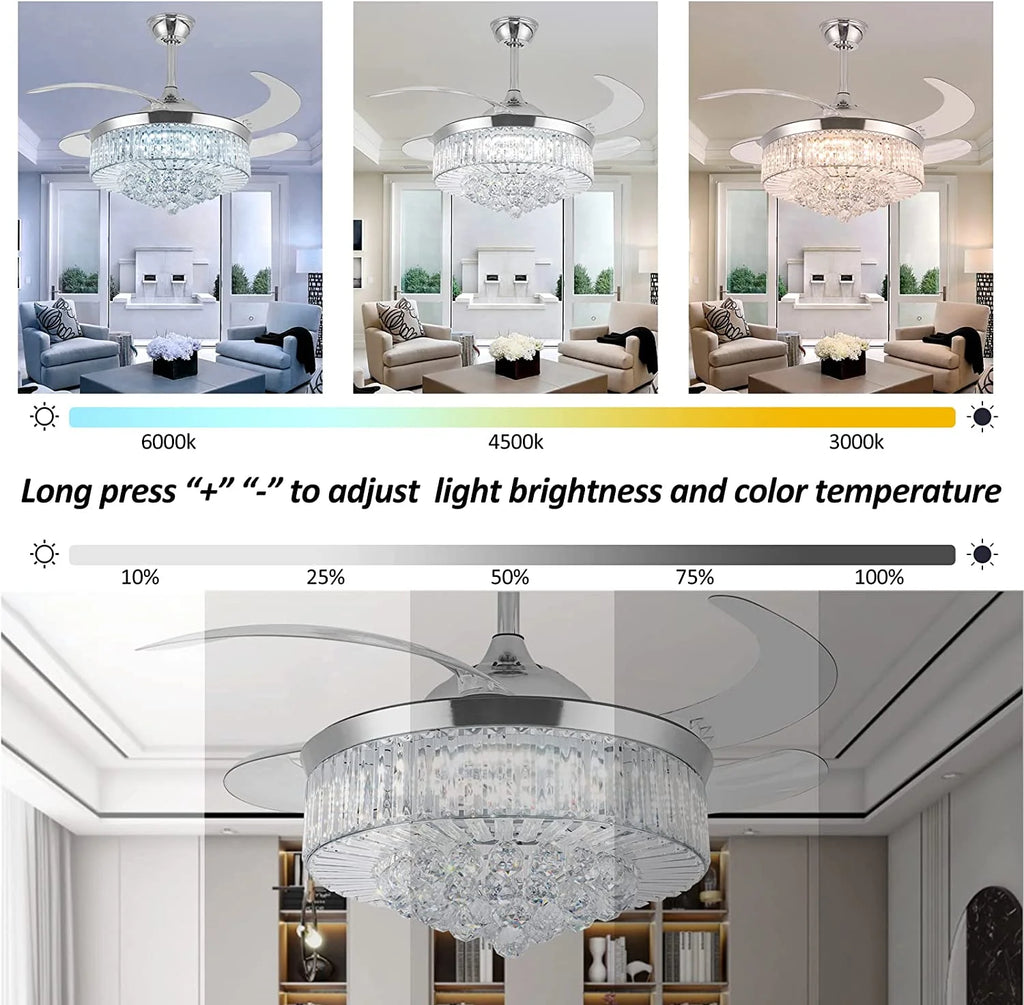 Datingday 42 Inch Crystal Ceiling Fan Golden Crystal Ceiling Fan Chandelier with Remote 6 Speeds 3 Colors Changes Lighting Fixture, 4 Blades Retractable Fans for Bedroom Living Room Dining Room