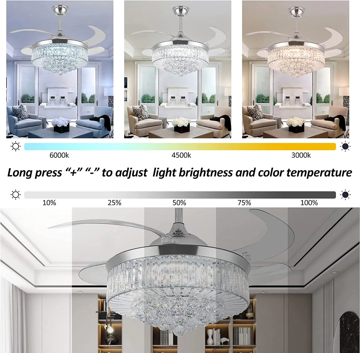 Datingday 42 Inch Crystal Ceiling Fan Golden Crystal Ceiling Fan Chandelier with Remote 6 Speeds 3 Colors Changes Lighting Fixture, 4 Blades Retractable Fans for Bedroom Living Room Dining Room