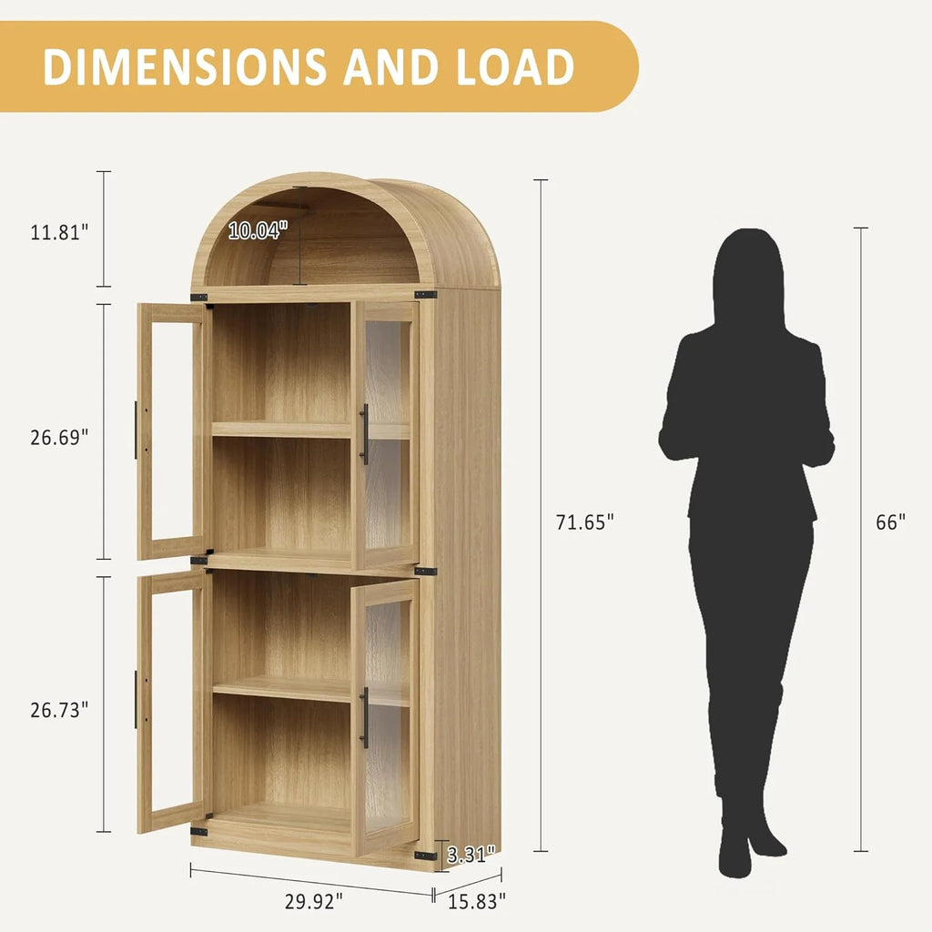 NEILA Arched Bookshelf with Doors - Glass Doors - 15.83 inches deep by 71.4 inches tall rustic ambiance premium wood display cabinet for living room, kitchen and office,Glass Door_Black