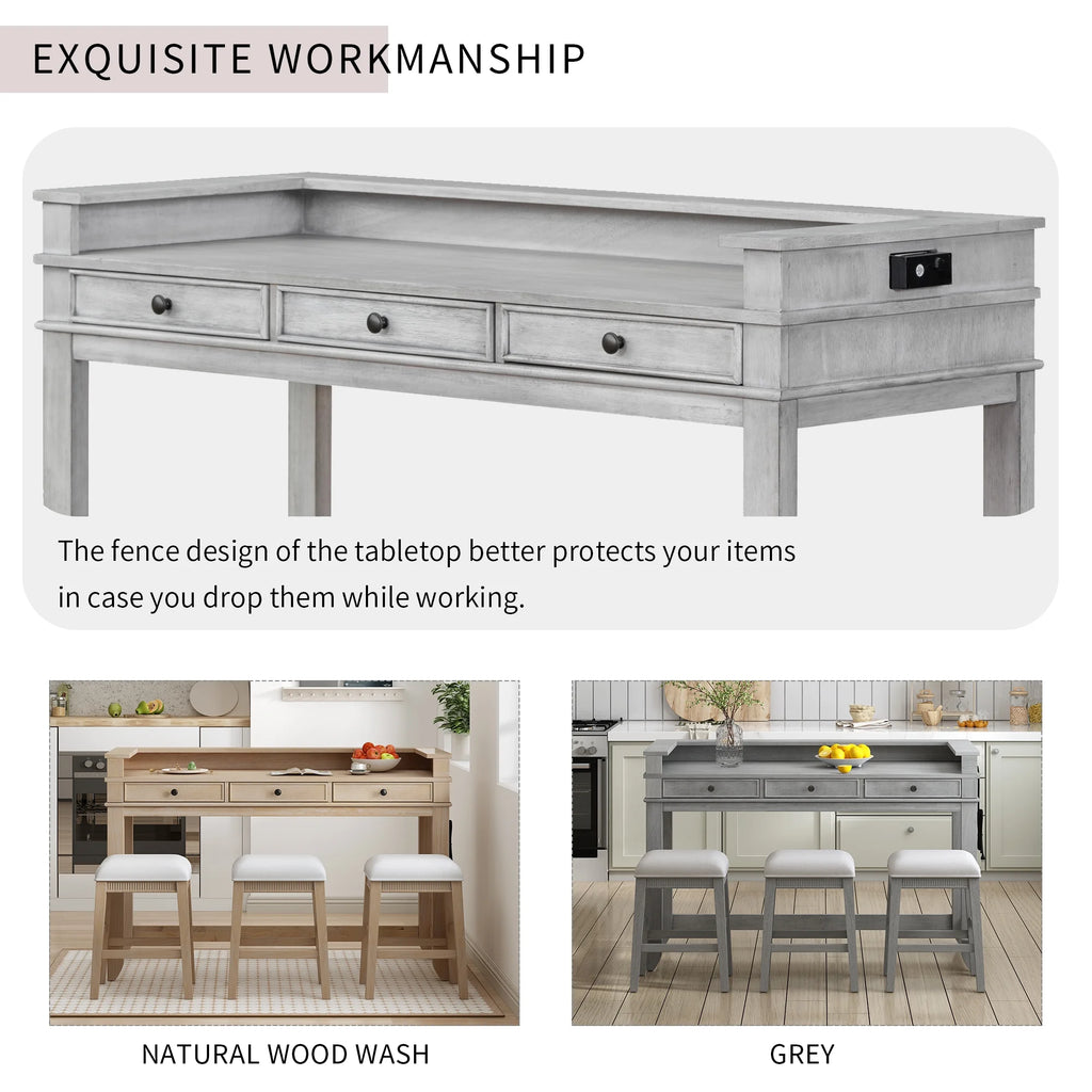 Harper & Bright Designs 4 Piece Bar Table Set for 4, Kitchen Dining Stools Set with 3 Upholstered Stools with 3 Drawers and USB Port, Gray