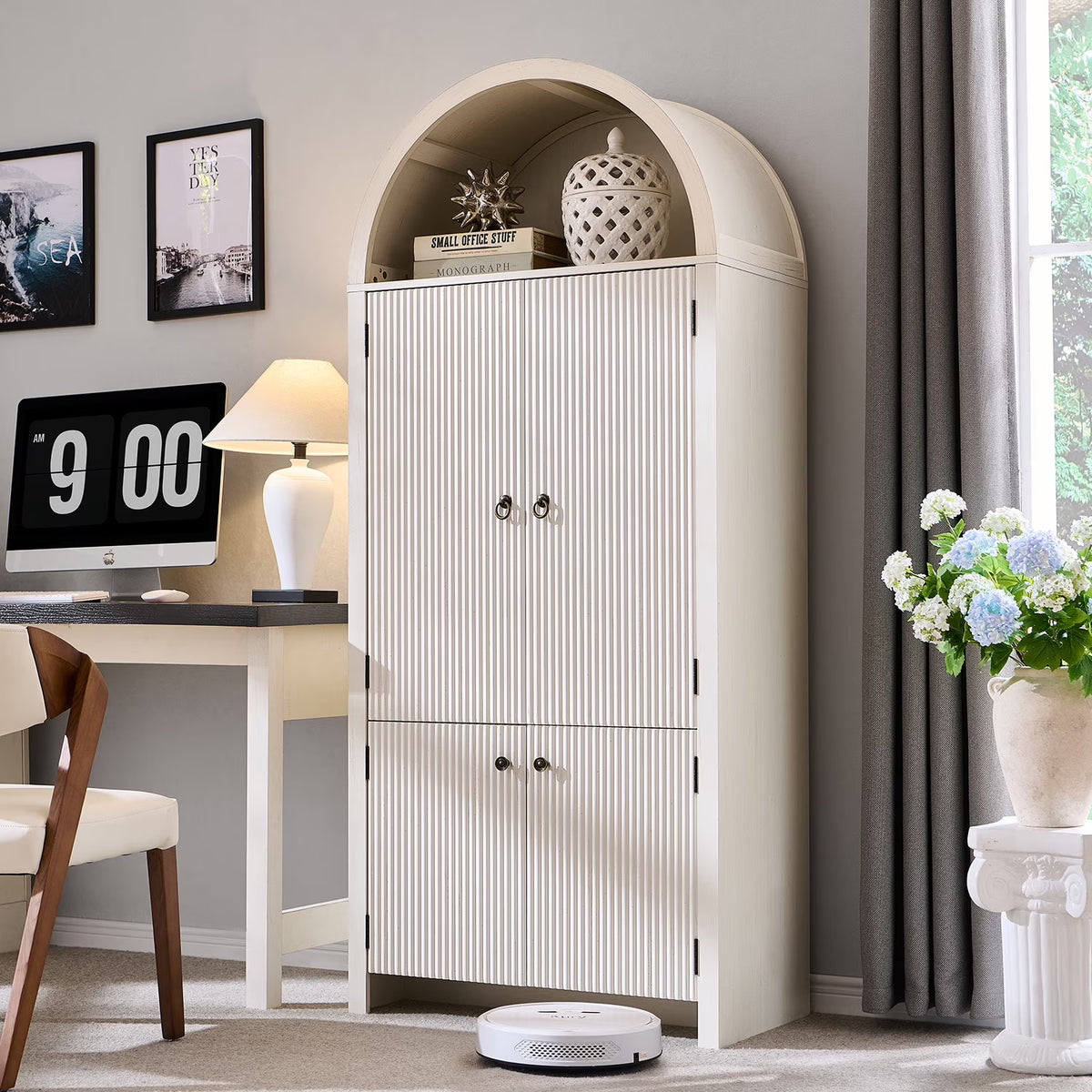 IFGET 71-Inch Arched 4-Tier Bookcase with Glass Doors and Drawers