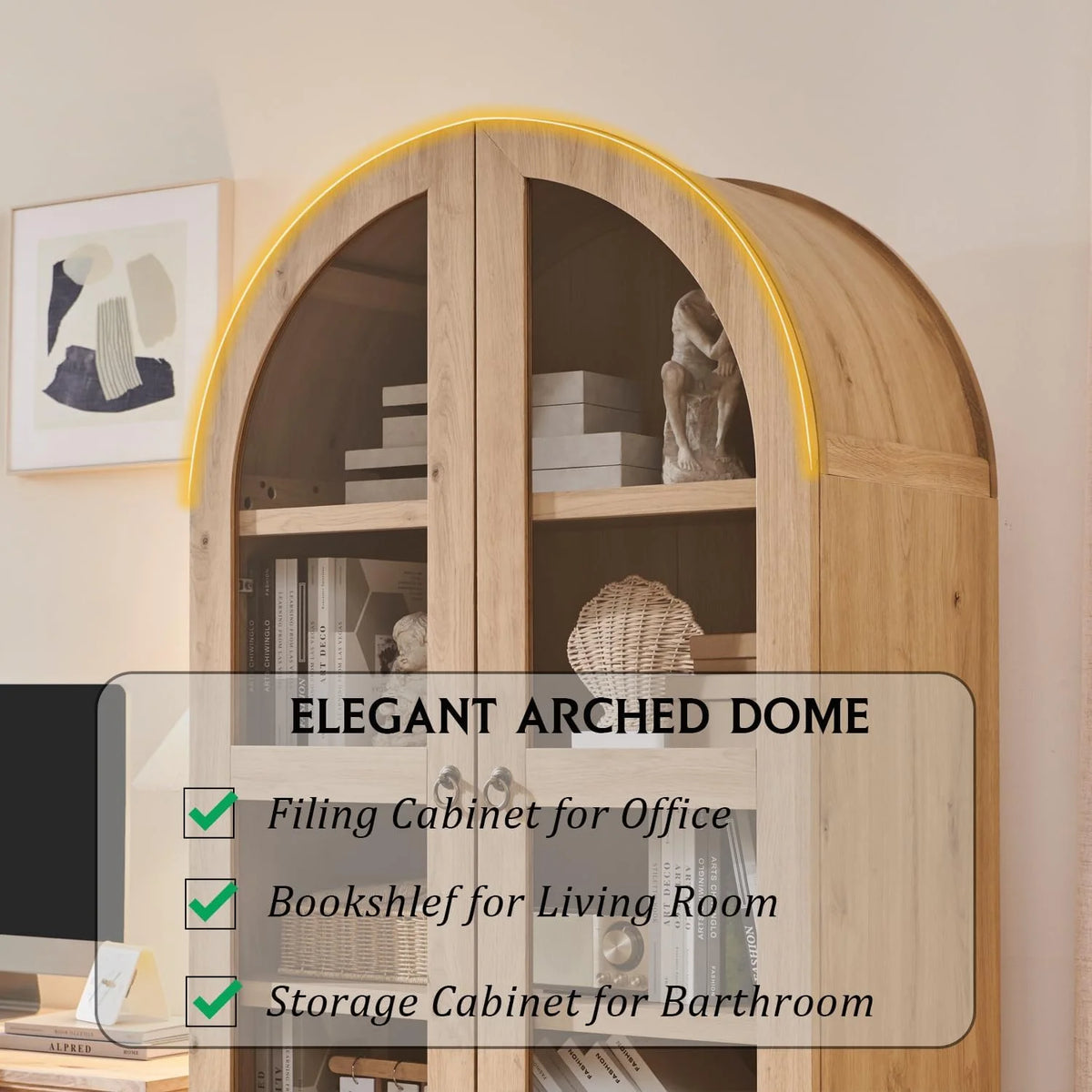 IFGET 71-Inch Arched 4-Tier Bookcase with Glass Doors and Drawers
