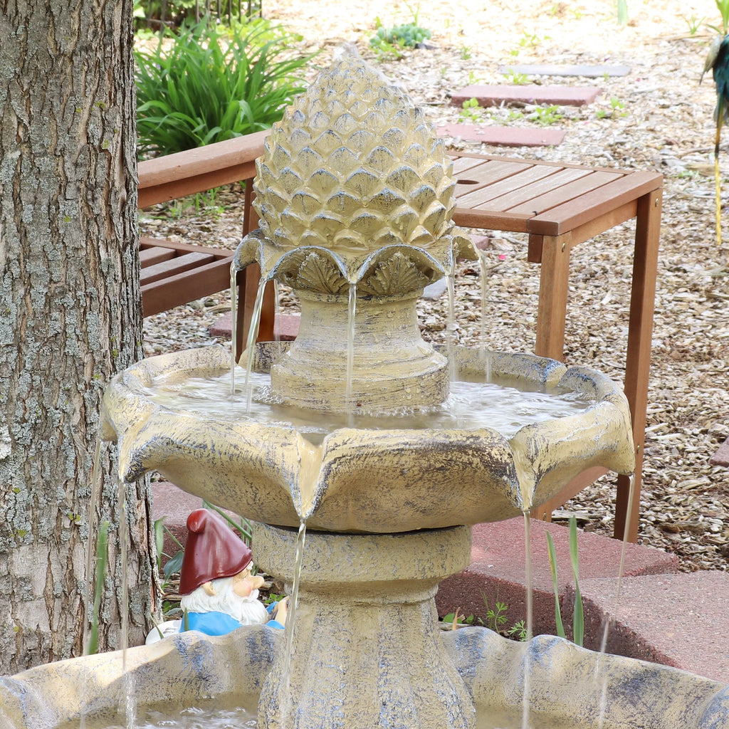 Sunnydaze Outdoor 2-Tier Solar Powered Polyresin Arcade Water Fountain with Battery Backup and LED Light - 45" - Earth Finish