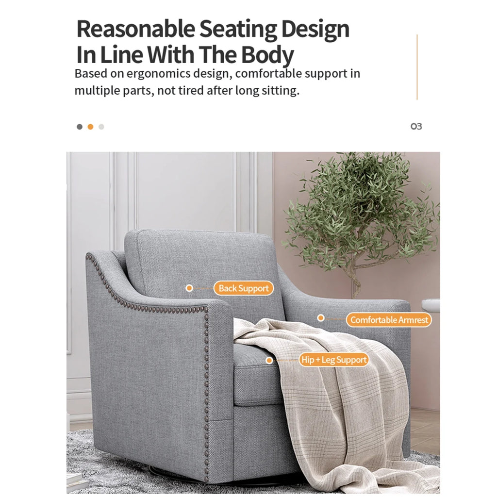 Swivel Accent Chair Armchair, 360�� Swivel Chair in Cotton Linen, Living Room Chairs with Wide Cusion and Curved Armrest, Comfy Barrel Sofa Reading Chairs for Bedroom, Small Spaces, Office, Grey