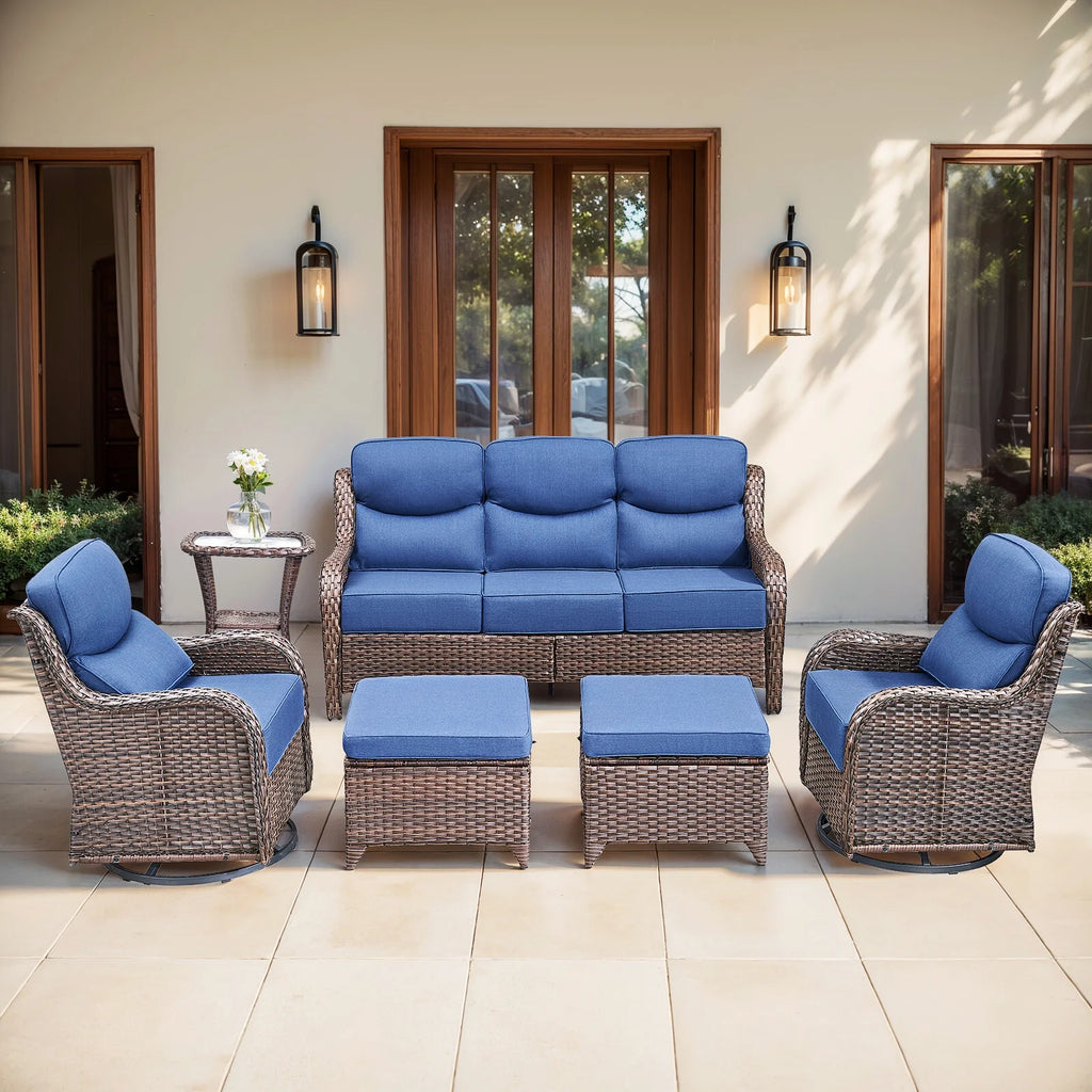 Bellefurn Luxury Outdoor Patio Furniture Set,Swivel Rocker Patio Chairs with 6-inch Thick Cushion,Patio Sofa and Glass Coffee Table,Outdoor Conversation Set for Porch, Deck, Yard