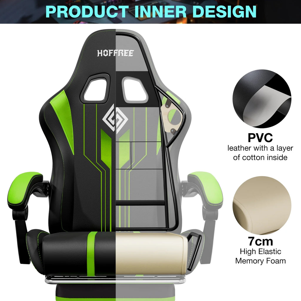 HOFFREE Big and Tall Gaming Chair with Speakers and RGB Lights, Gamer Chair with Footrest, Lumbar Support Height Adjustable 360-Swivel Seat and Headrest for Adults, 400lbs