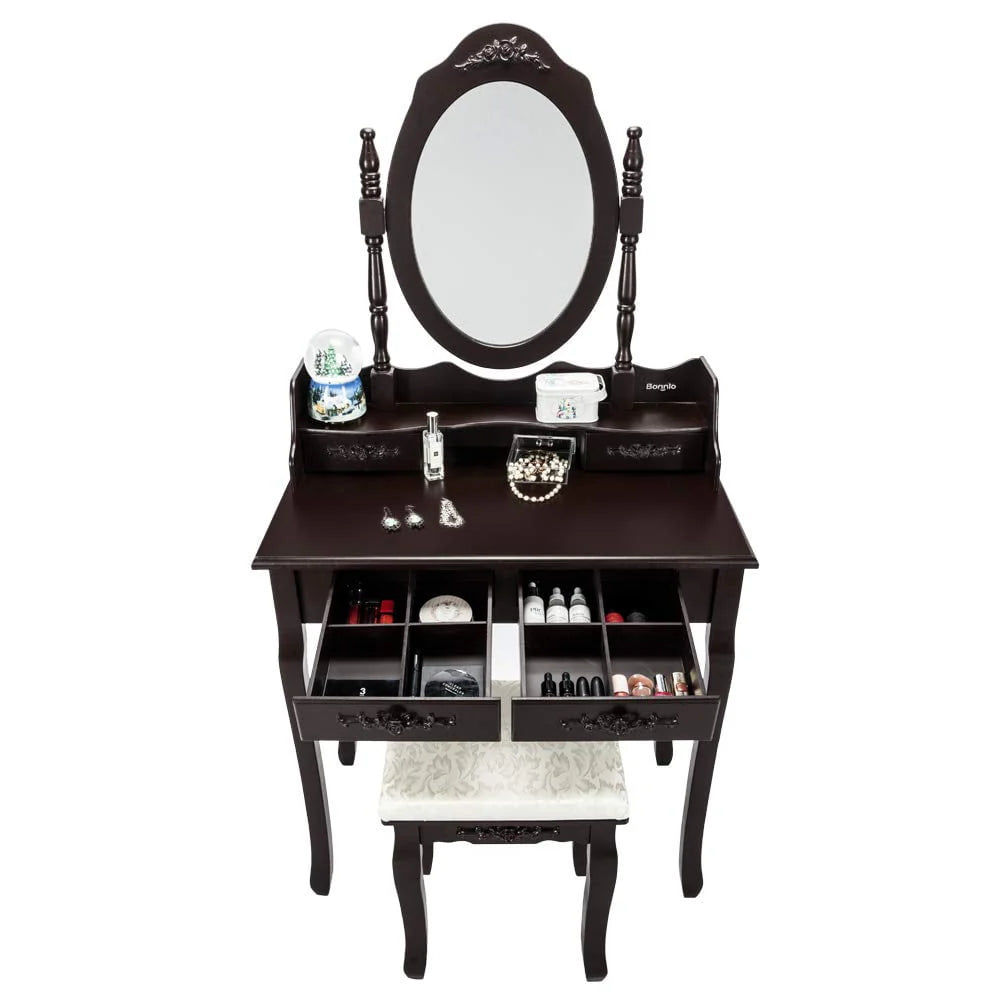 UBesGoo 4 Drawer Vanity Makeup Dressing Table Set w/Stool&Mirror Jewelry Wood Brown