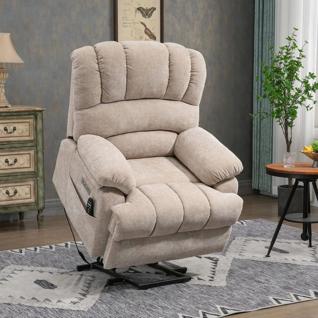 Oversized Power Lift Recliner Chairs for Adults,Beige Electric Recliners for Elderly with 8-Point Vibration Massage Lumbar Heating,2 Side Pocket,USB Port,24" Seat Width,25" Seat Depth,20" Seat Height
