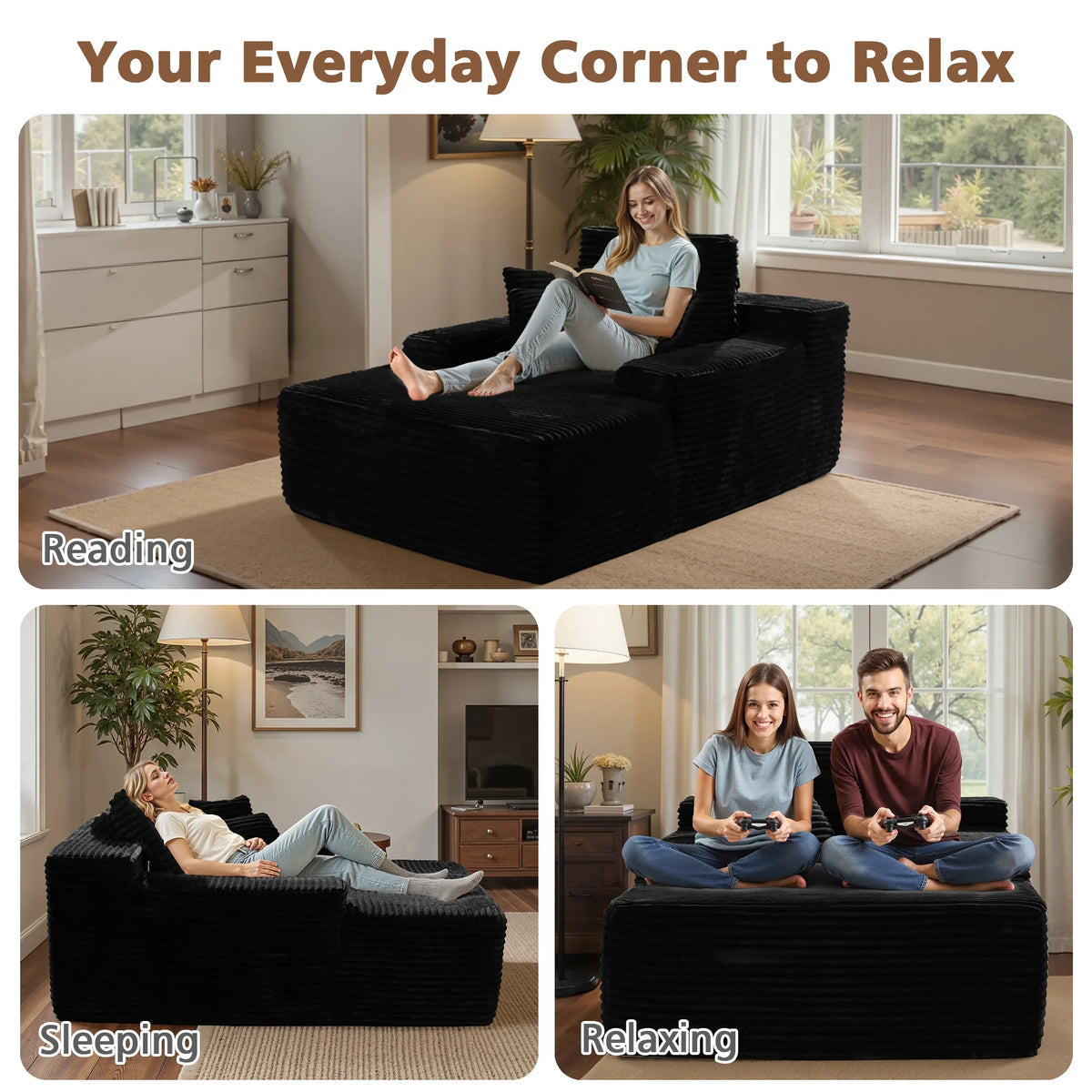 Ovios 67'' Oversized Chaise Lounge Chair Indoor Cloud Plush Corduroy Floor Sofa Bed Deep Seat No Assembly Couch for Living Room, Black