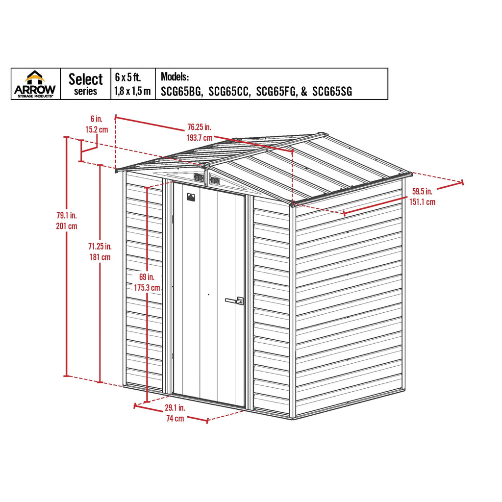 Arrow Select Steel Storage Shed Steel Storage Shed, 6x5, Charcoal