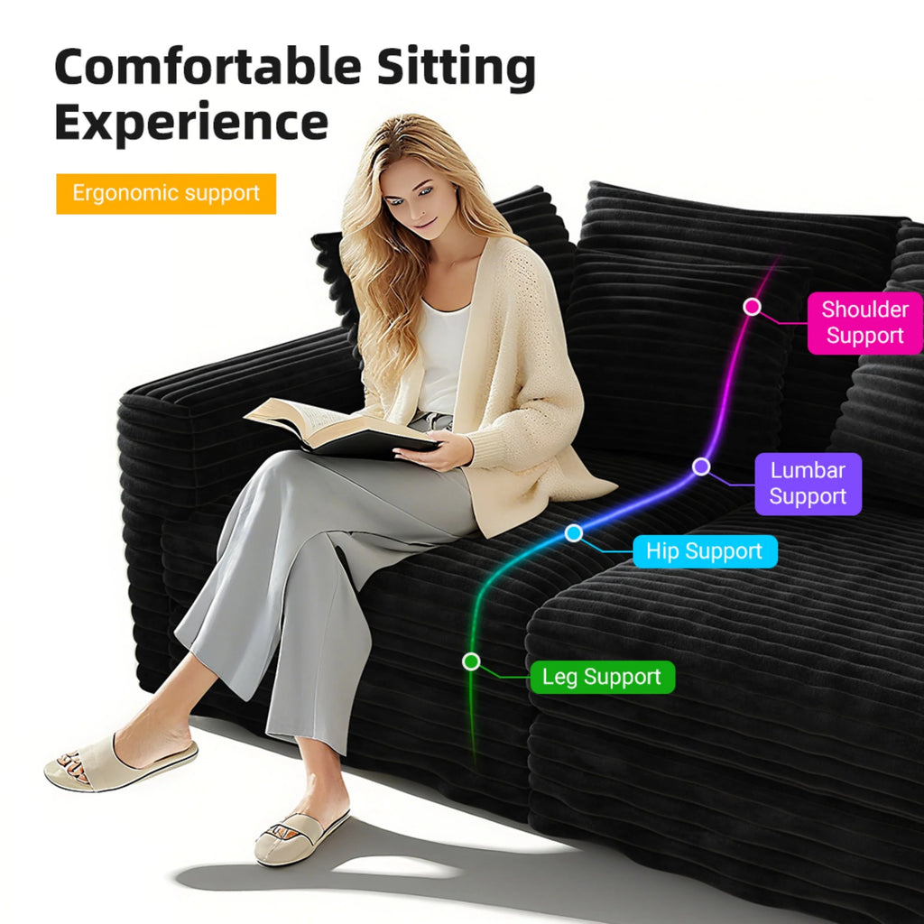 Alvantor 4-Seat Sofa 102" W Corduroy Upholstered Deep Seat Couches Convertible Chaise for Living Room, Apartment Grey