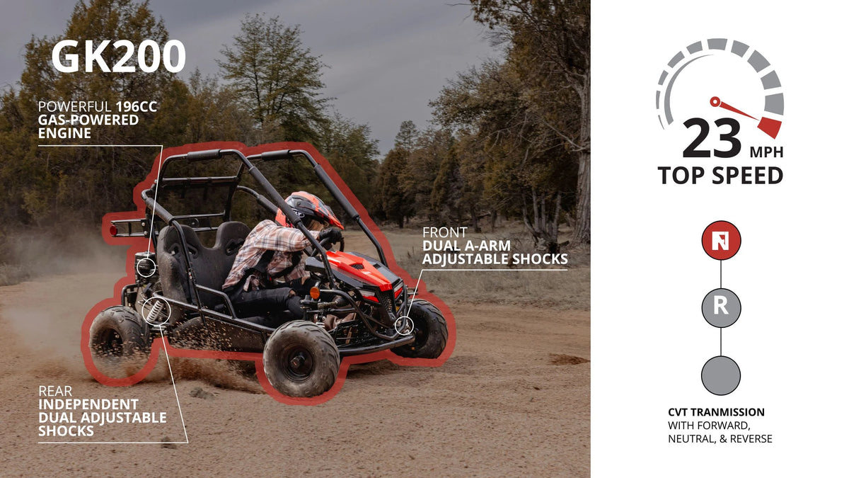 Coleman Powersports GK200 196cc Gas Powered Go-Kart, Two-Seater Off-Road Vehicle Up to 23 MPH, Rugged Suspension, Pull-Start Engine, Ages 13+, Red