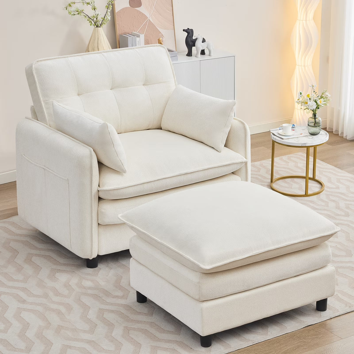 Aemeios Upholstered Chenille OversizedAccent Armchairs with Ottoman and Side Pocket, Cream