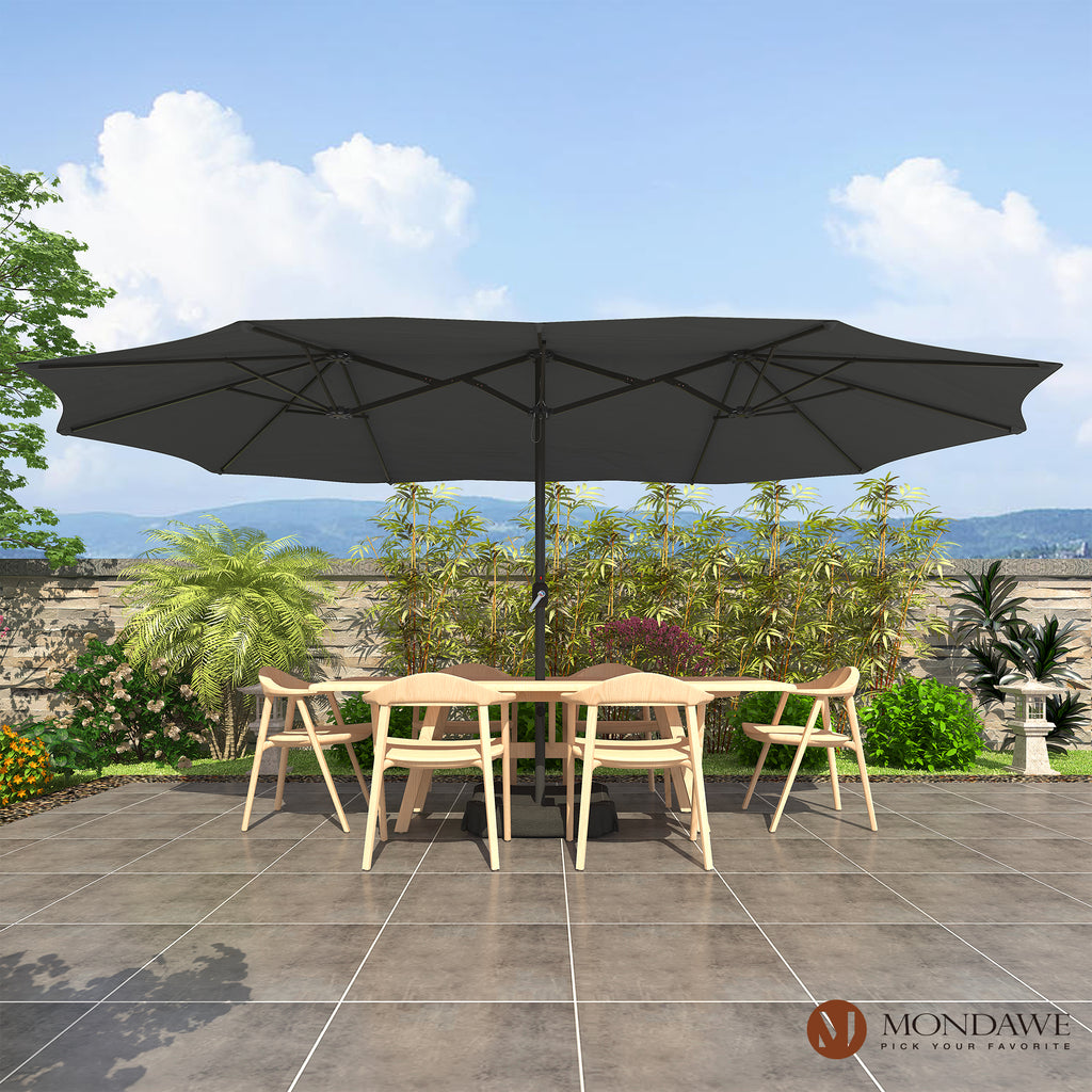 Mondawe 15ft Patio Umbrella Rectangular Outdoor Market Umbrella with Base and LED Lights Beige