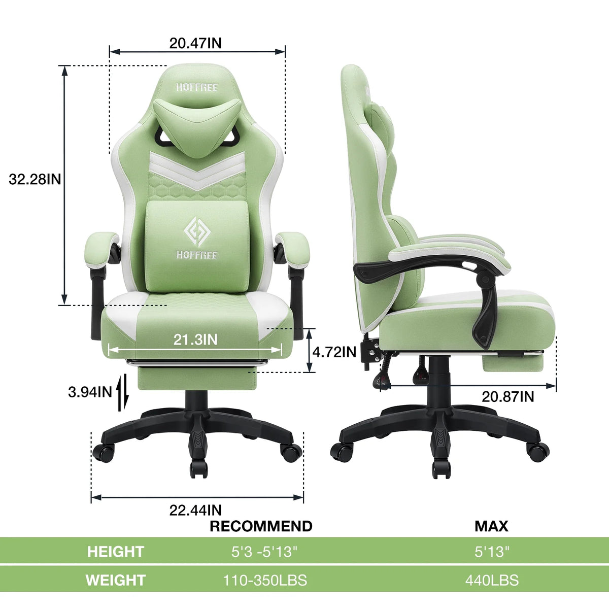 Hoffree Gaming Chair with Massage Fabric Office Chair with footrest for Adults, Ergonomic Gamer Chair with Headrest and Lumbar Support for Office Gaming, 440 LBS