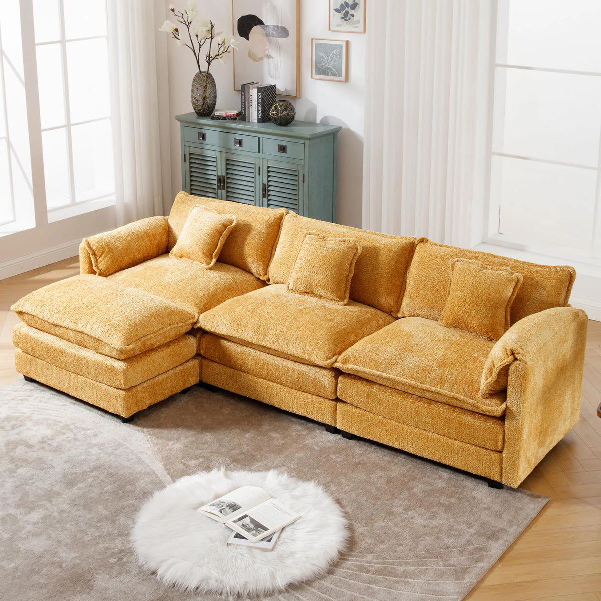 GNIXUU 112" Oversized Sectional Sofa Cloud Couch for Living Room, Modern Chenille L Shaped Couch, Comfy Boucle Modular Sofa Sleeper with Moveable Ottoman & Memory Foam (Green)