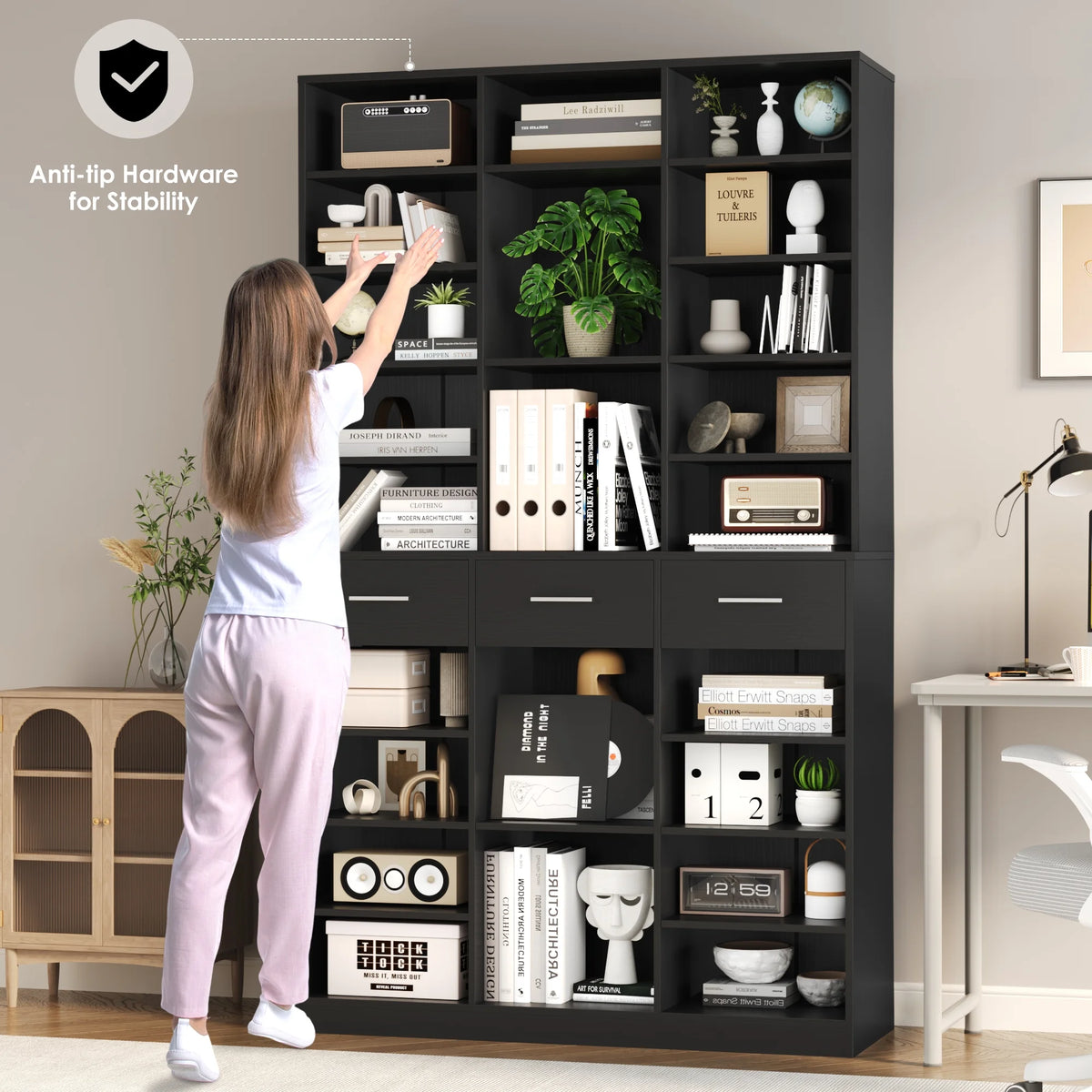 Homfa 75-Inch Bookshelf and Bookcase with 3 Drawers, Wooden Storage Book Shelf with Adjustable Shelves For Living Room, Home Office, White