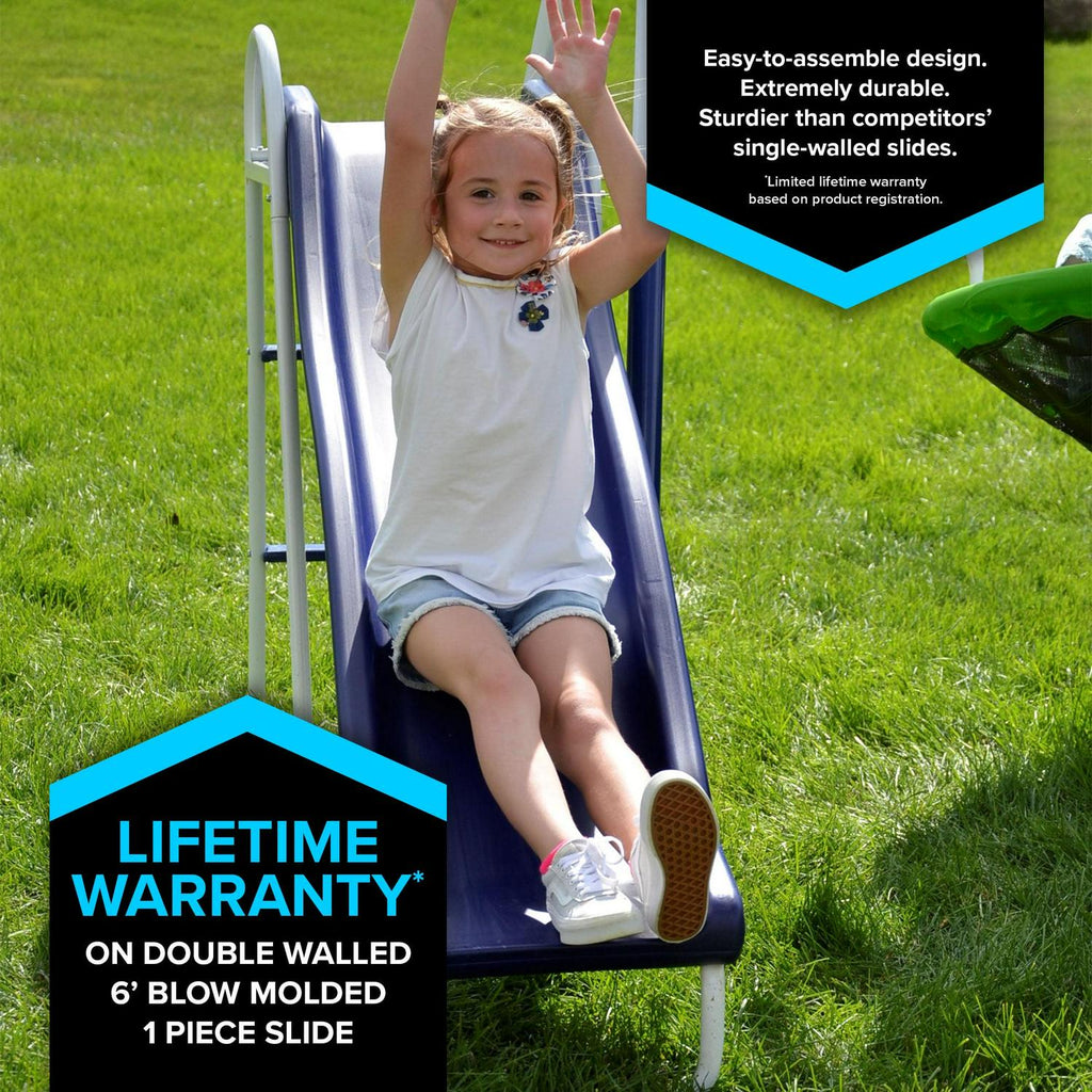 Sportspower Outdoor Rosemead Metal Swing Set with Roman Glider. Saucer. 6.5′ Slide with Lifetime Warranty. and Bonus Anchor Kit. Great for Kids Aged 3-8