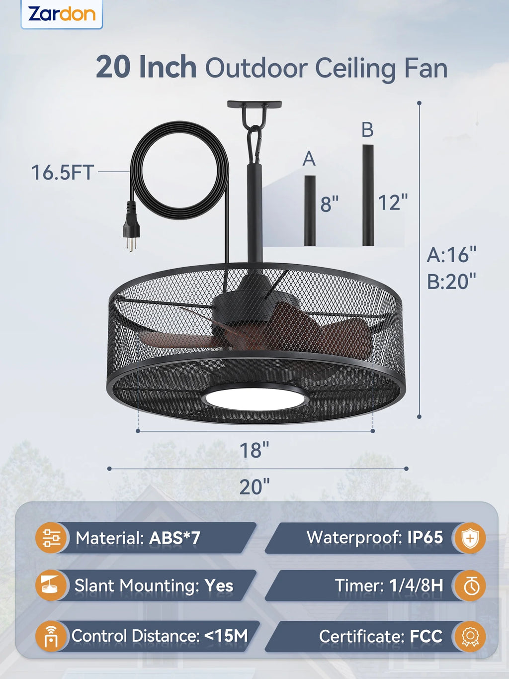 Zardon 20" Outdoor Ceiling Fan with Light and Remote, 7 Blades Caged Waterproof Gazebo Fan for Patio, Porch, Pergola Canopy, App Control