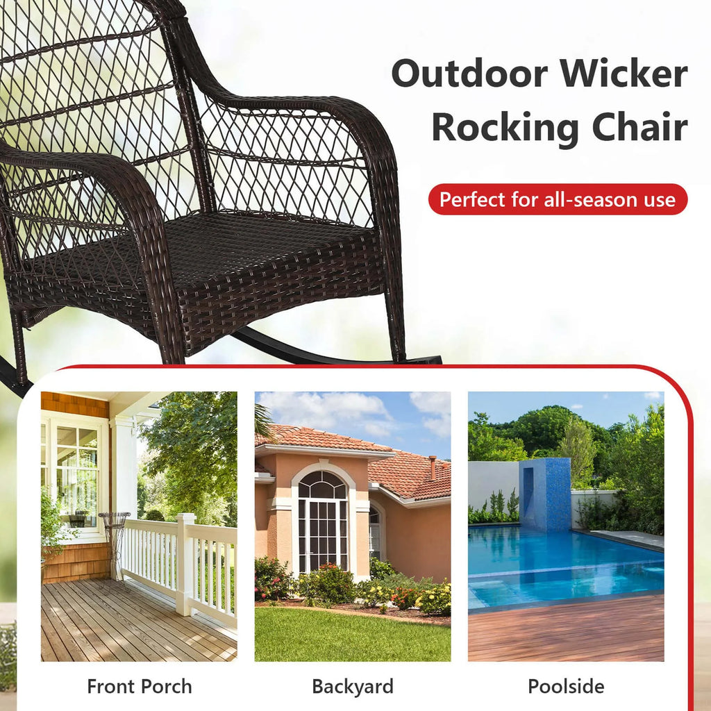 Costway Patio Wicker Rocking Chair W/Seat Back Cushions & Lumbar Pillow Porch Off White