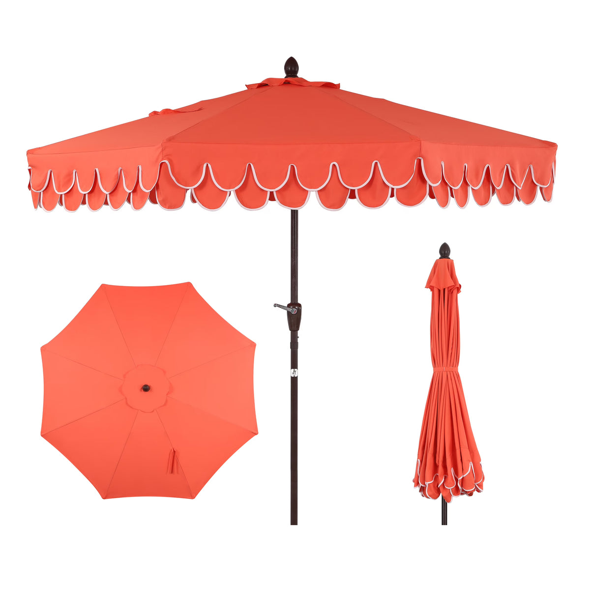 JONATHAN Y Tracy 9 ft. Market Patio Umbrella, Classic Mid-Century Scalloped Fringe, with Auto-Tilt Crank, Wind Vent and UV Protection, Coral Pink/White, Dark Brown Pole