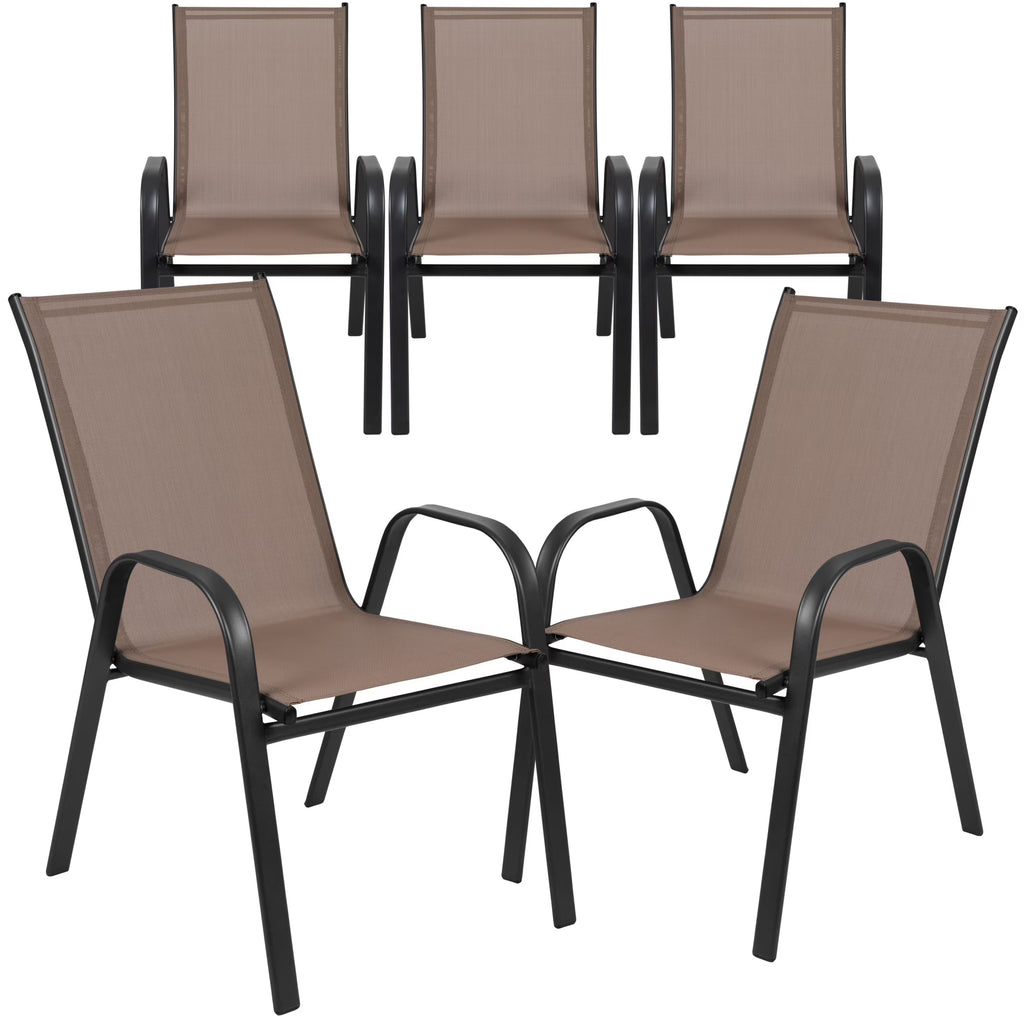 Flash Furniture 5 Pack Brazos Series Brown Outdoor Stack Chair with Flex Comfort Material and Metal Frame