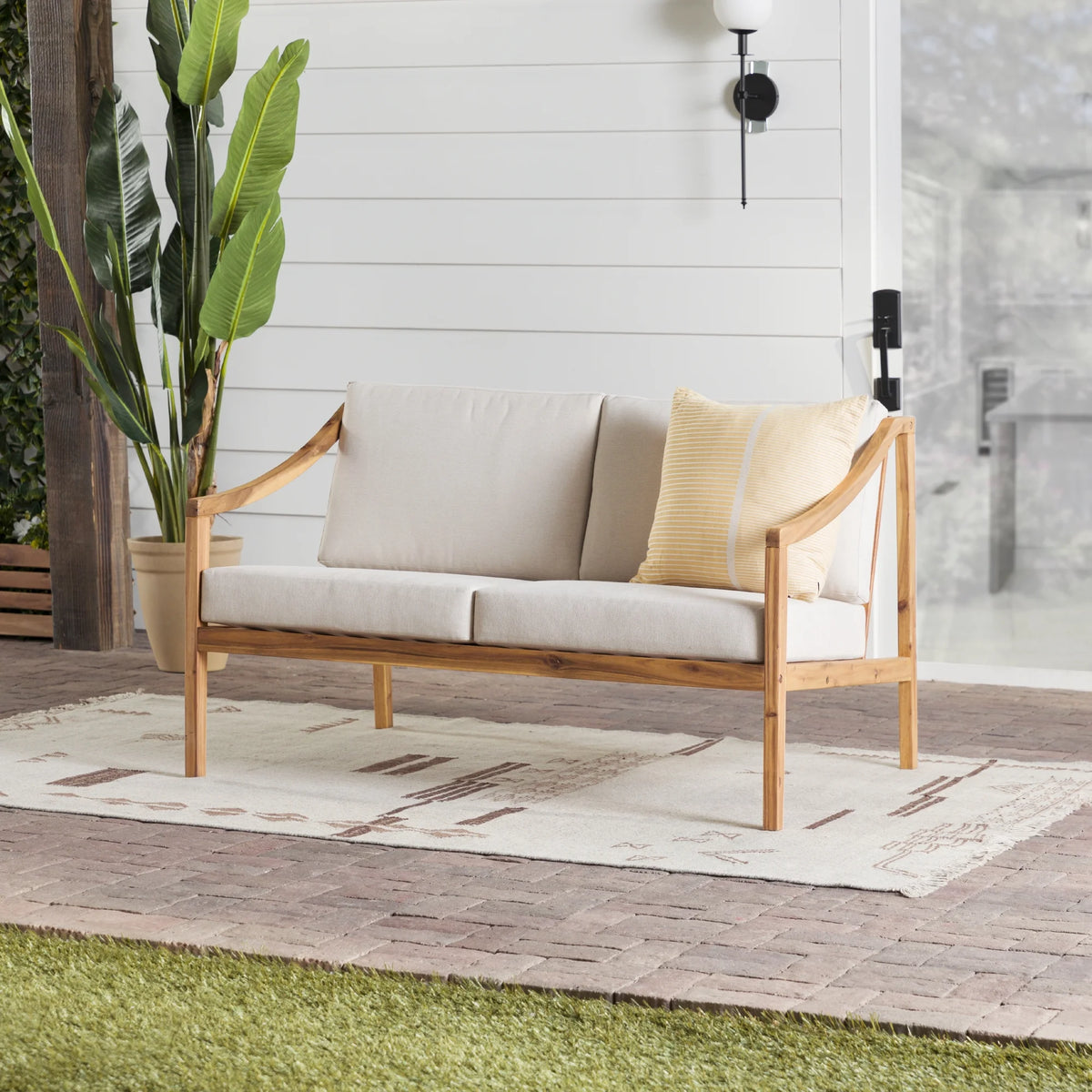 Walker Edison Modern Solid Wood Curved-Arm Outdoor Loveseat, Black