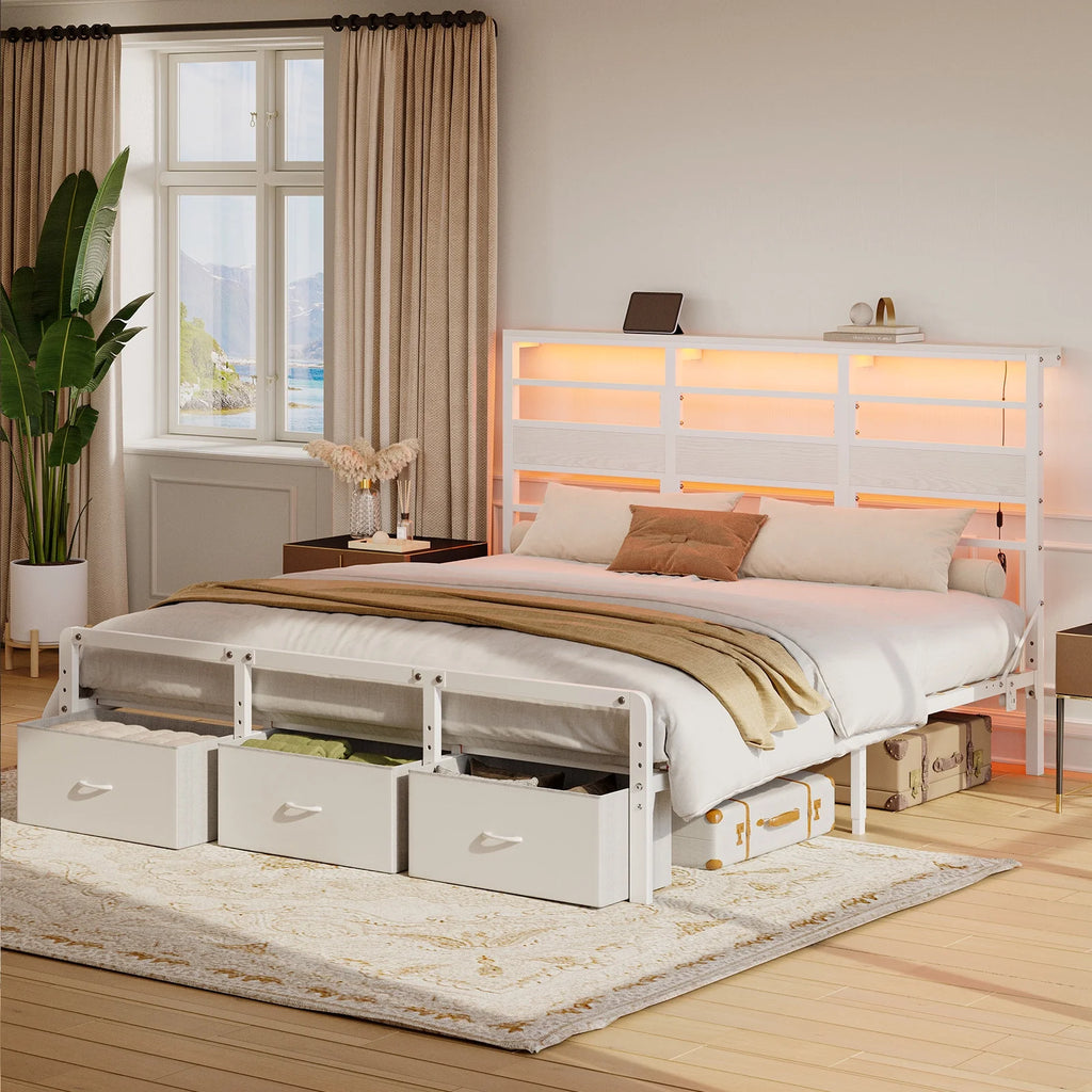 Pinmoco LED Queen Bed Frame with 49.2" High Storage Headboard and 4 Drawers, Adjustable Base Height Metal Platform Bed with Charging Station, Rustic